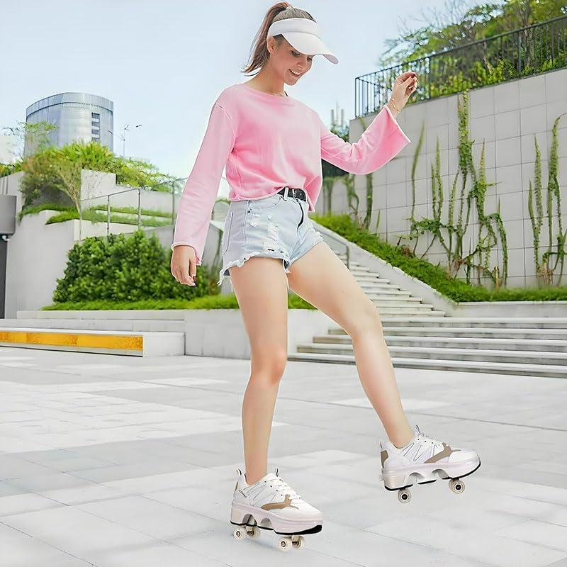 CHSSIH Shoes with Wheels Roller Skate Shoes for Girls, Kids, Women, Men & Adults | Retractable High Roller Skating Shoes That Pop Out Into Sneaker Skates - White, 5.5