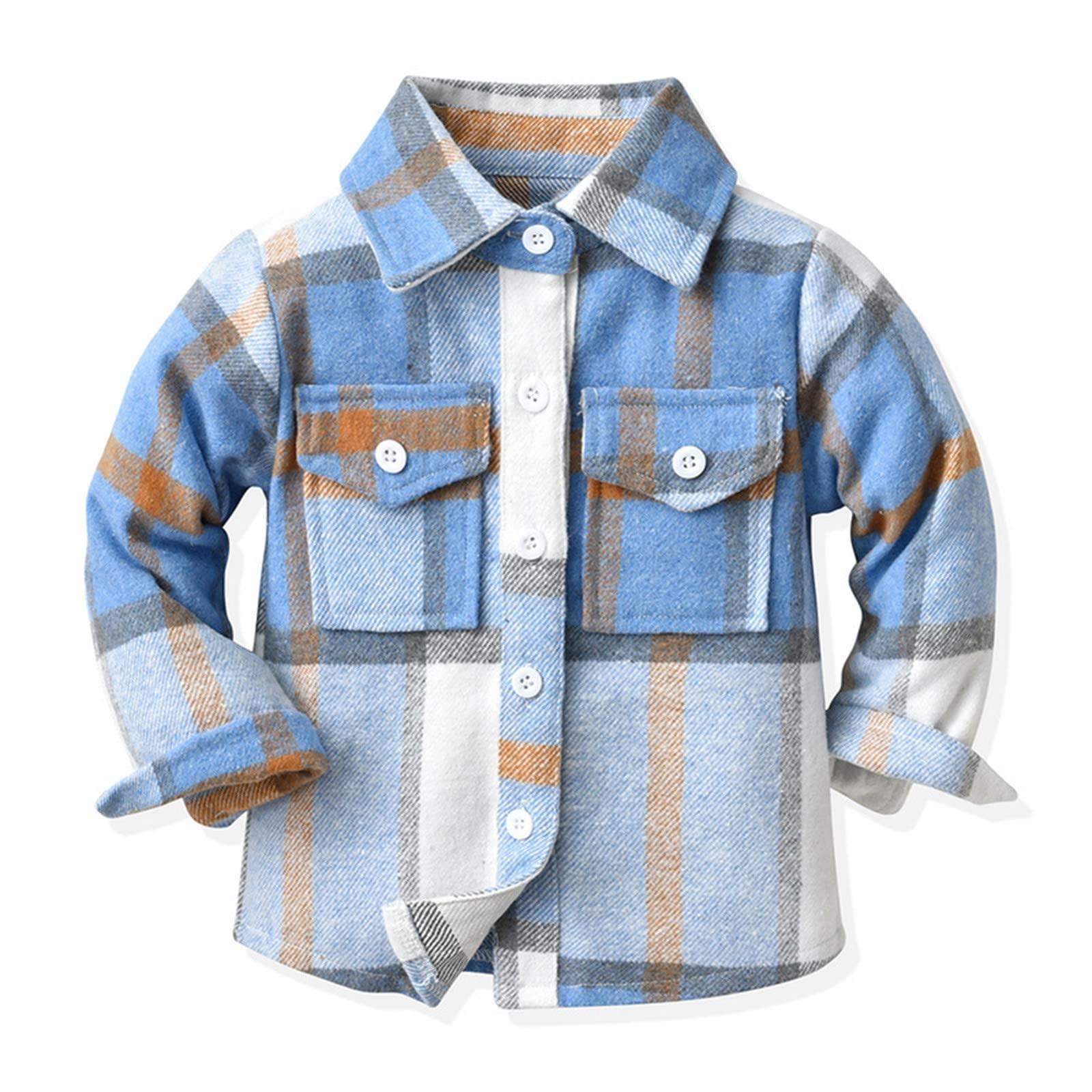 NineFit Basics Toddler Boys Flannel Plaid Shirts Kids Cotton Long Sleeve Lapel Button Down Shirt Coat for Baby Fall (Blue, 0-6 Months)
