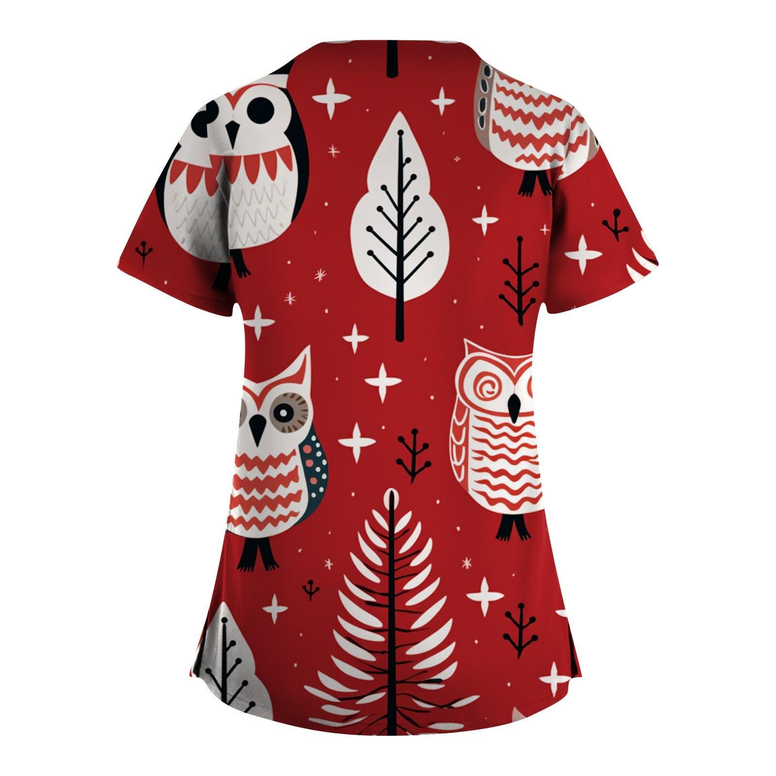 HXHYQKP Christmas Scrub Tops Women Plus Size Scrub Shirt Nurse Uniforms Xmas Print Tunic Tops with Pockets