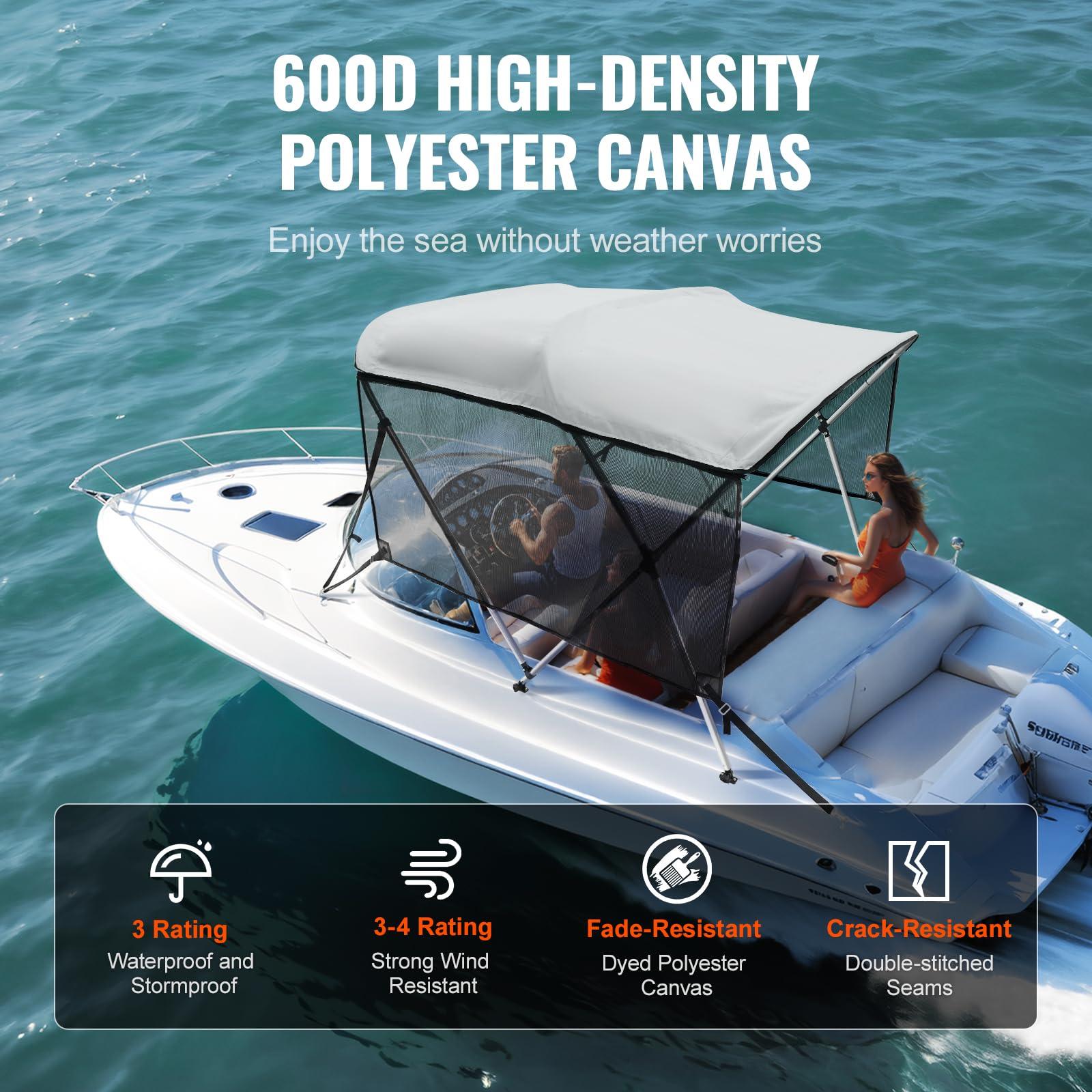 VEVOR VEVOR 3 Bow Bimini Top Boat Cover, Detachable Mesh Sidewalls, 600D Polyester Canopy with 1" Aluminum Alloy Frame, Includes Storage Boot, 2 Support Poles, 2 Straps, 6'L x 46" H x 61"-66" W, Light Grey