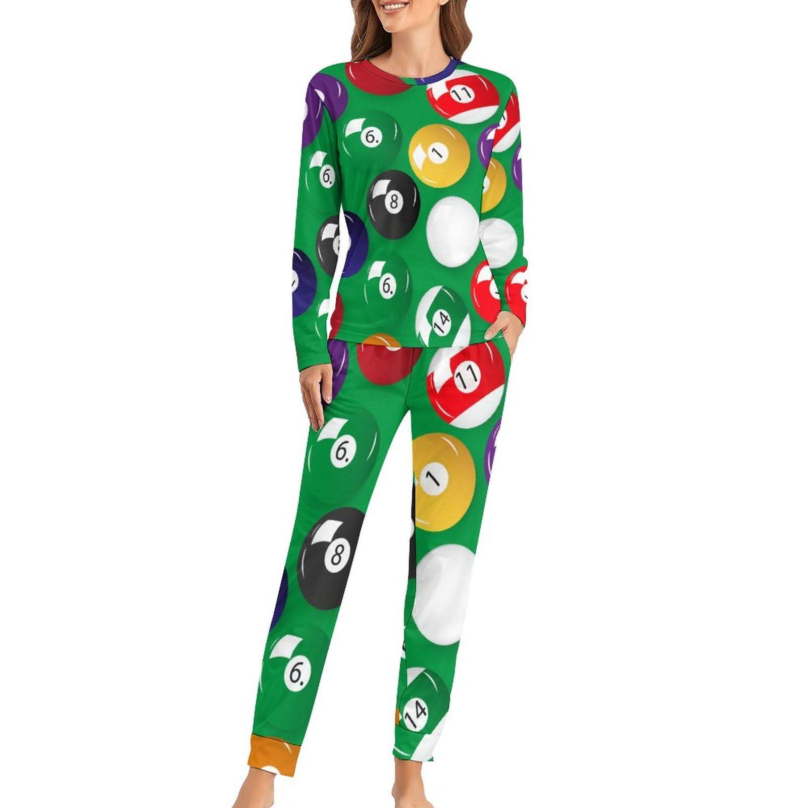 RIVNGJDE5 Billiards Pool Table Balls Comfortable Fit Pajamas for Women Set Crew Neck Breathable Lounge Sets with Pockets S