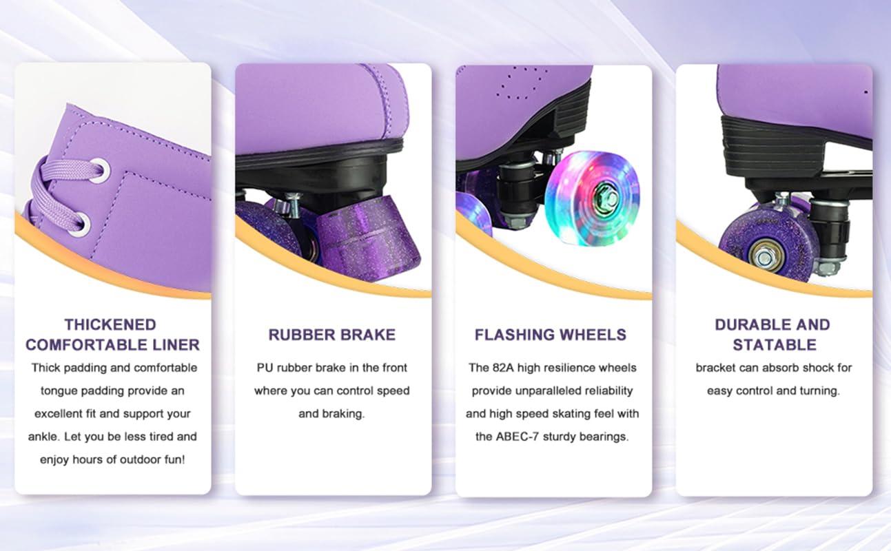 Gets Gets Roller Skates Women Outdoor High-top Adult Roller Derby Skates Wheels Light Up Roller Skates Double Row Quad Skates for Men Girls Unisex (Purple Flashing Wheel,38)