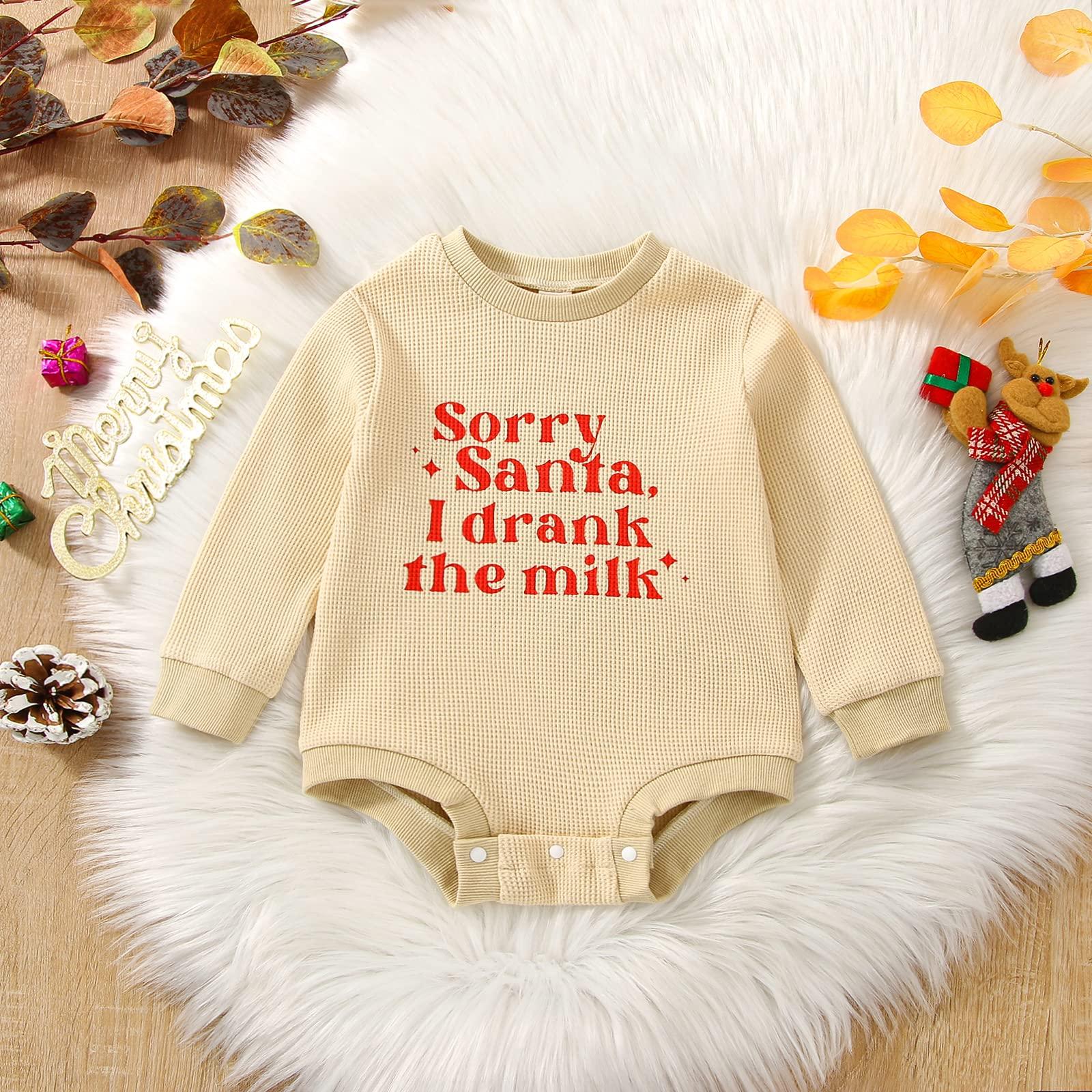 Kuriozud Kuriozud Newborn Baby Boy Girl Christmas Outfit Cute Santa Sweatshirt Romper Oversized Sweater Tops Fall Winter Clothes (Sorry Santa I drink milk, 3-6 Months)