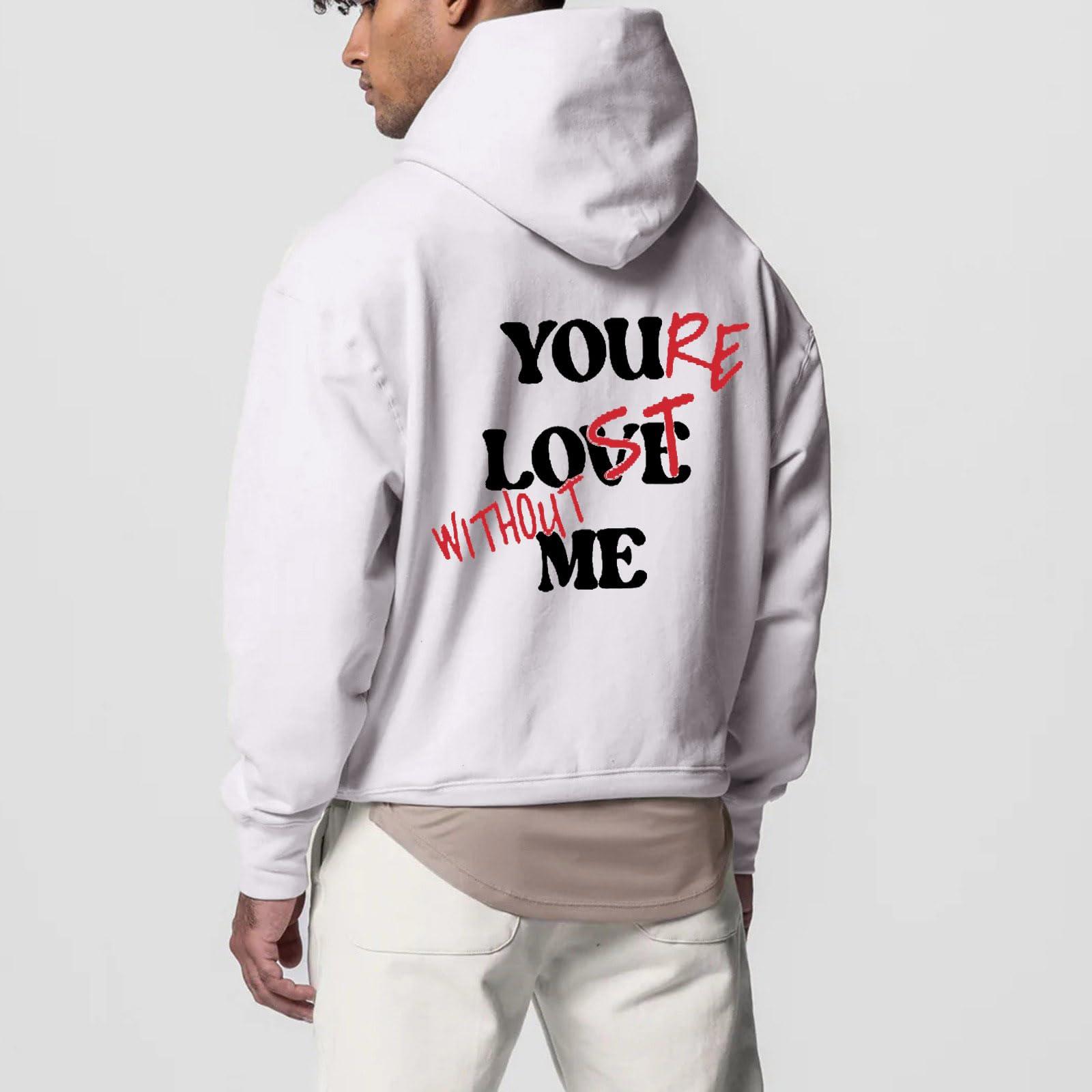 WENKOMG1 WENKOMG1 Mens Casual Hoodies,Lost Without Me Printed Sweatshirt Basic Winter Fall Pullover Long Sleeve Trendy Pullover,Cropped Sweatshirt Sleeveless Hoodie Men Graphic Hoodies(White,XX-Large)