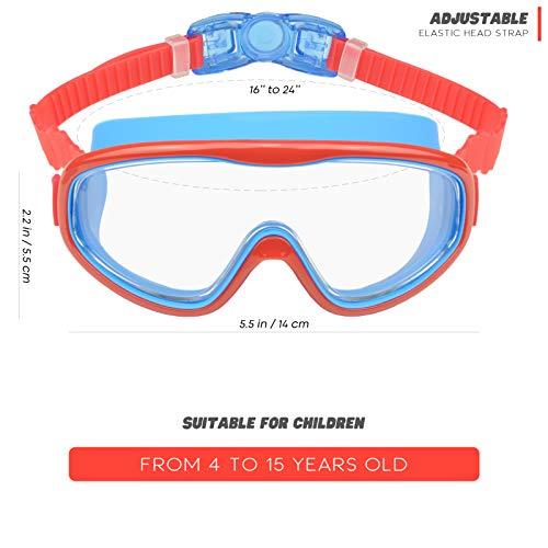 KAILIMENG KAILIMENG Kids Swim Goggles, Clear Wide View No-Leak Anti-Fog UV Protection Swimming Glasses with Nose Clip Earplugs for Toddlers Youth Child 3-15 Years Old (Red Blue)