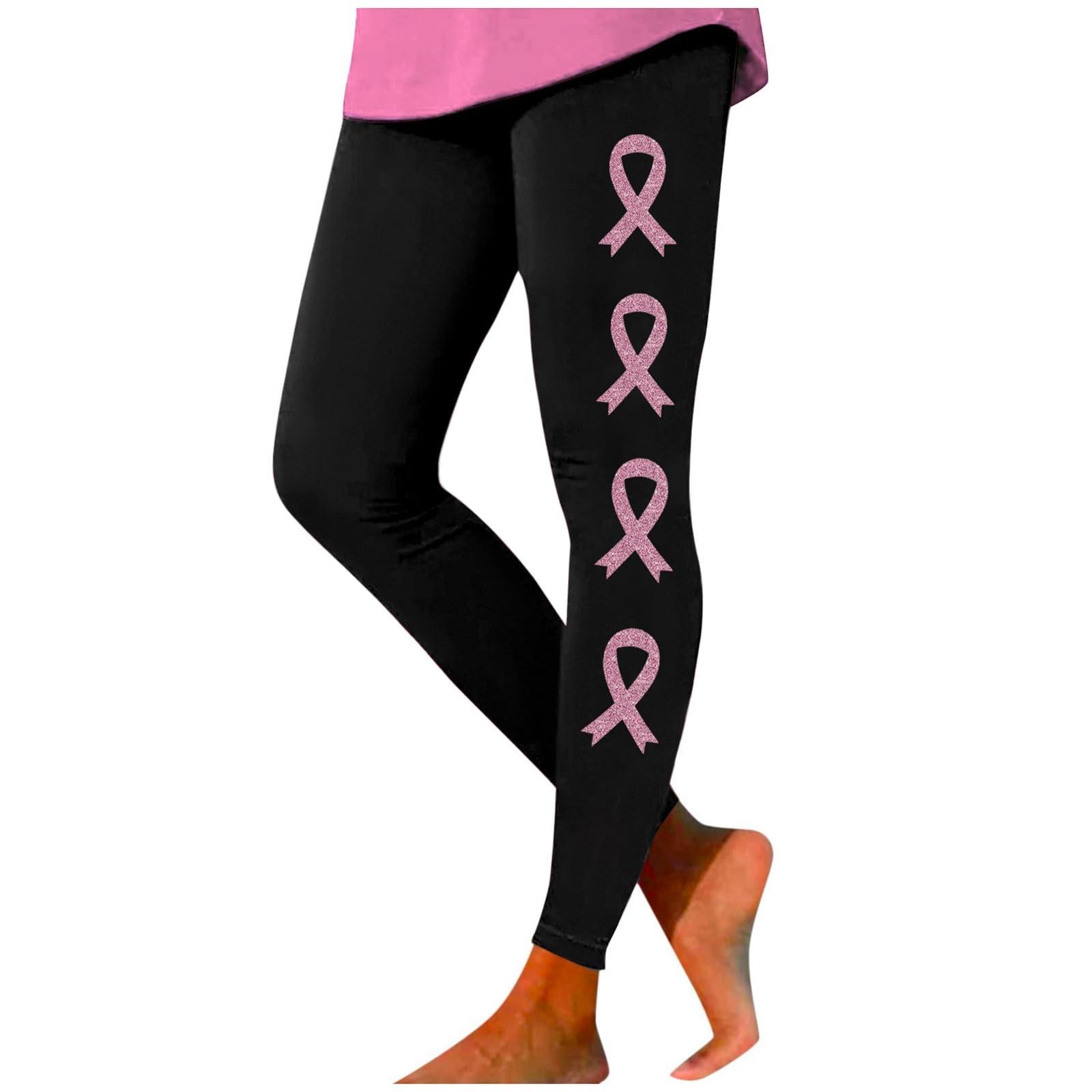 NineFit Basics Pink Ribbon Breast Cancer Awareness Leggings for Women - High Waisted Yoga Pants with Tummy Control - Stretchy Athletic Tights