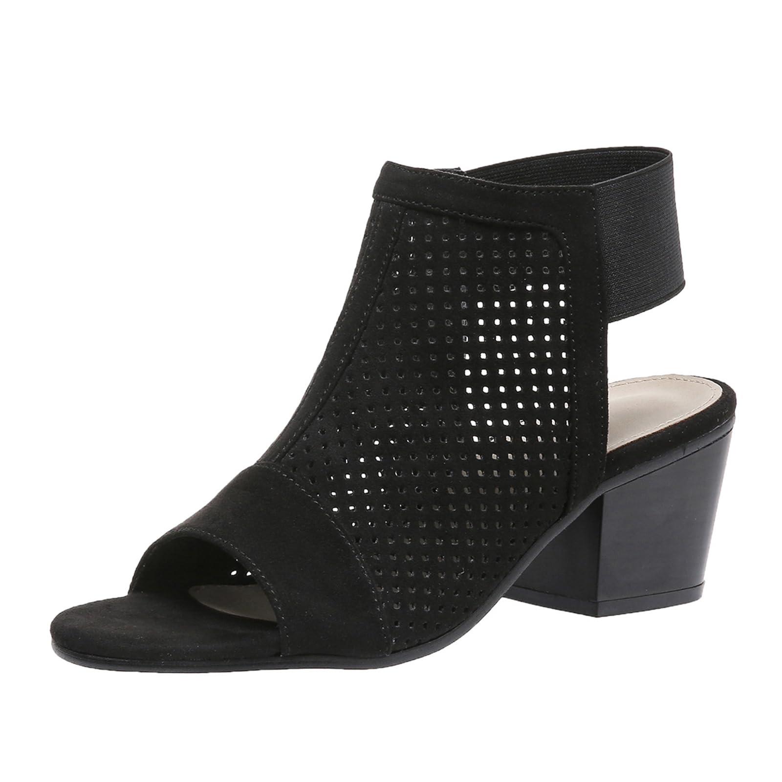 NineFit Basics Women Peep Toe Booties Open Toe Boots Cutout Ankle Strap Mid Black Chunky Heel Block Sandals