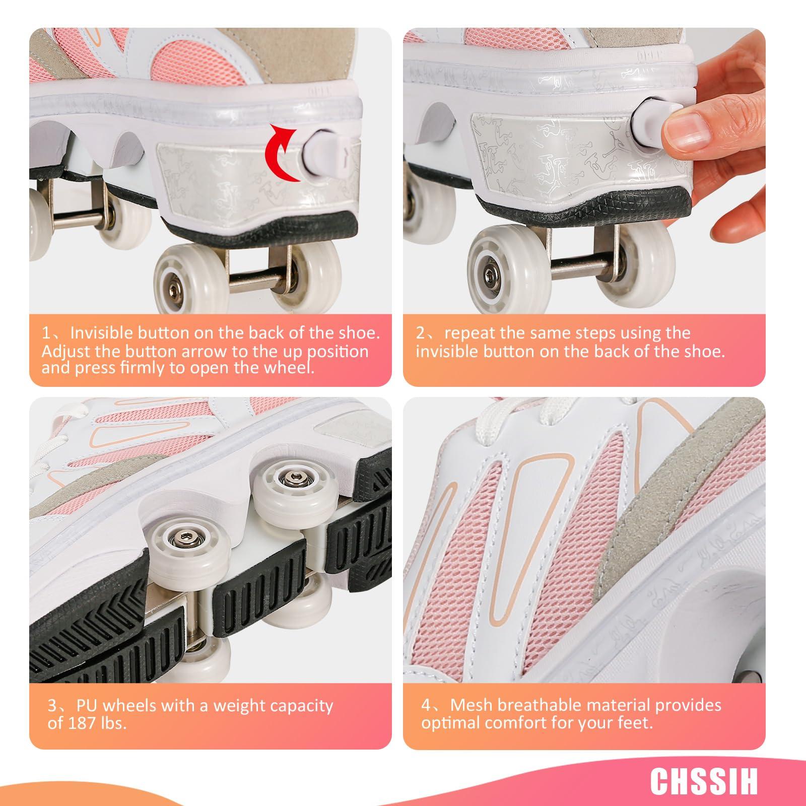 CHSSIH Roller Skate Shoes for Girls, Kids, Women & Adults Retractable Shoes with Wheels | Pop-Out High Roller Skating Shoes That Turn Into Sneaker Skates - Pink, 7