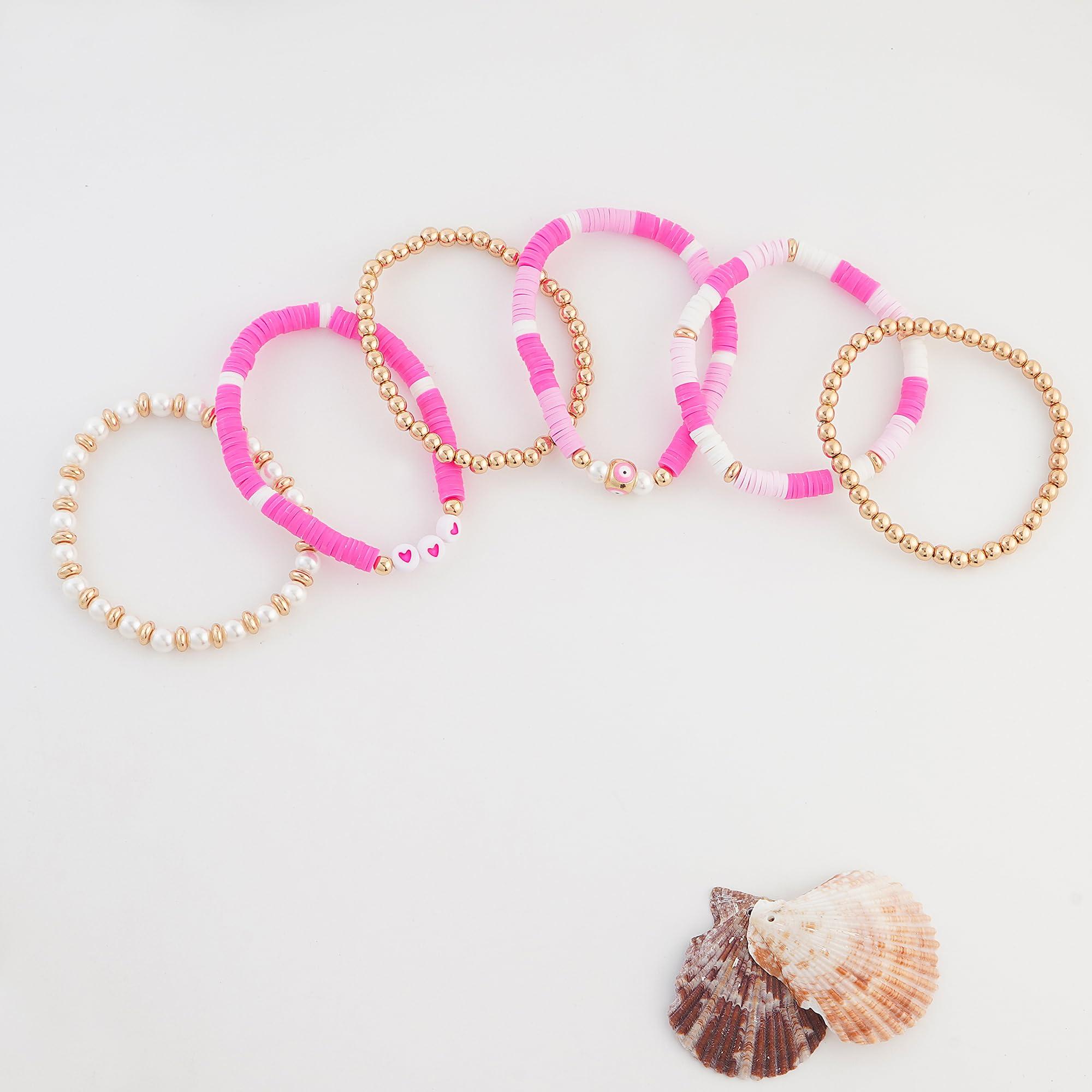 LYNMOS LYNMOS Colorful Heishi Clay Bead Bracelet Set for Women Stackable Vinyl Disc Polymer Beaded Stretch Bracelets Preppy Bohemian Summer Beach Bracelets Jewelry (H-Pink set, 6.8 Inch)