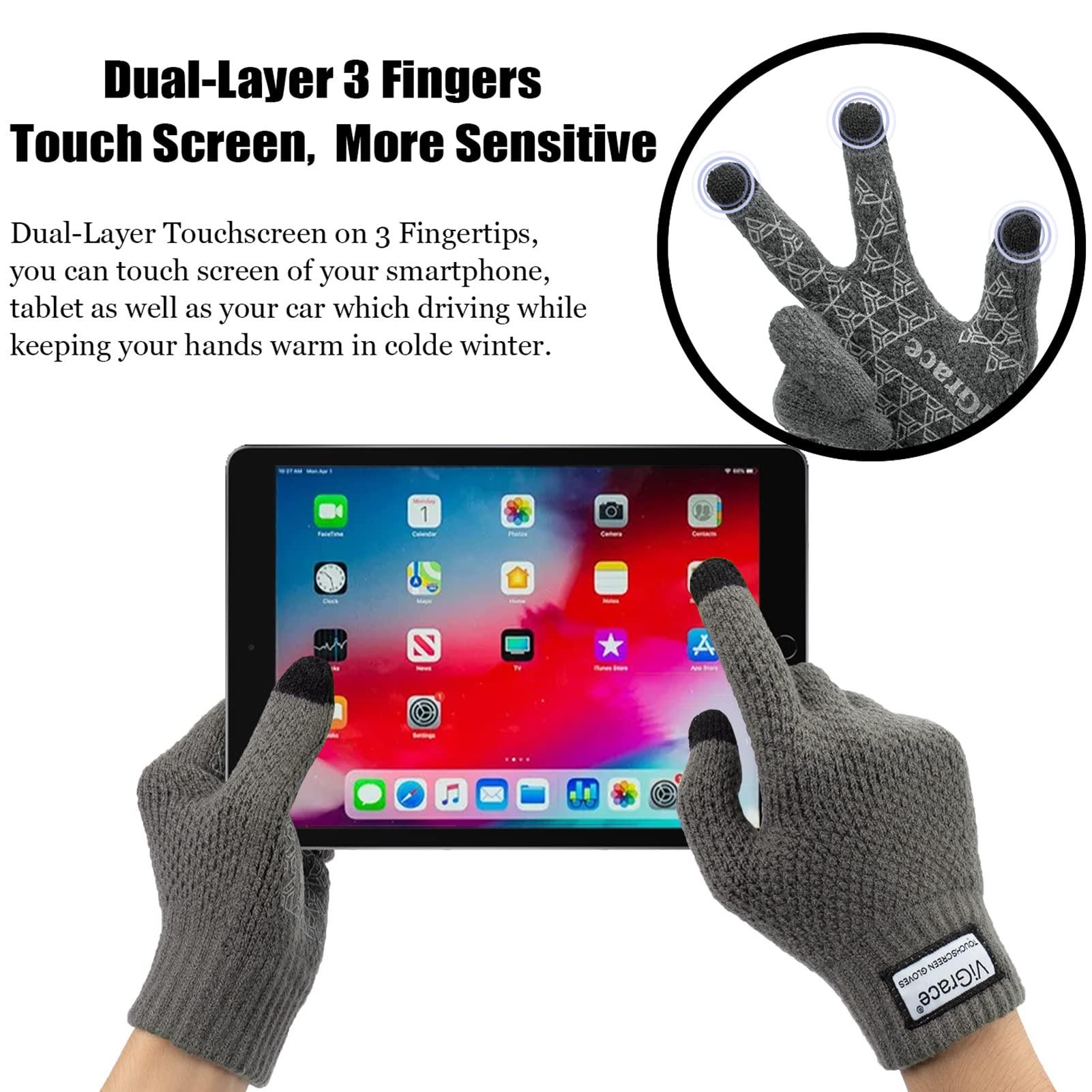 ViGrace ViGrace Winter Warm Touchscreen Gloves for Men and Women Touch Screen Fleece Lined Knit Anti-Slip Wool Glove (Gray, Large)