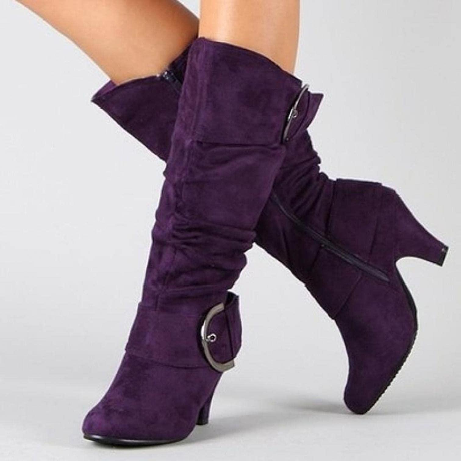 Bcshiye Bcshiye Women\'s Knee High Suede Chunky Heel Side Zipper Buckle Boots Stretch Winter Dress Party Boots High Heel Boots