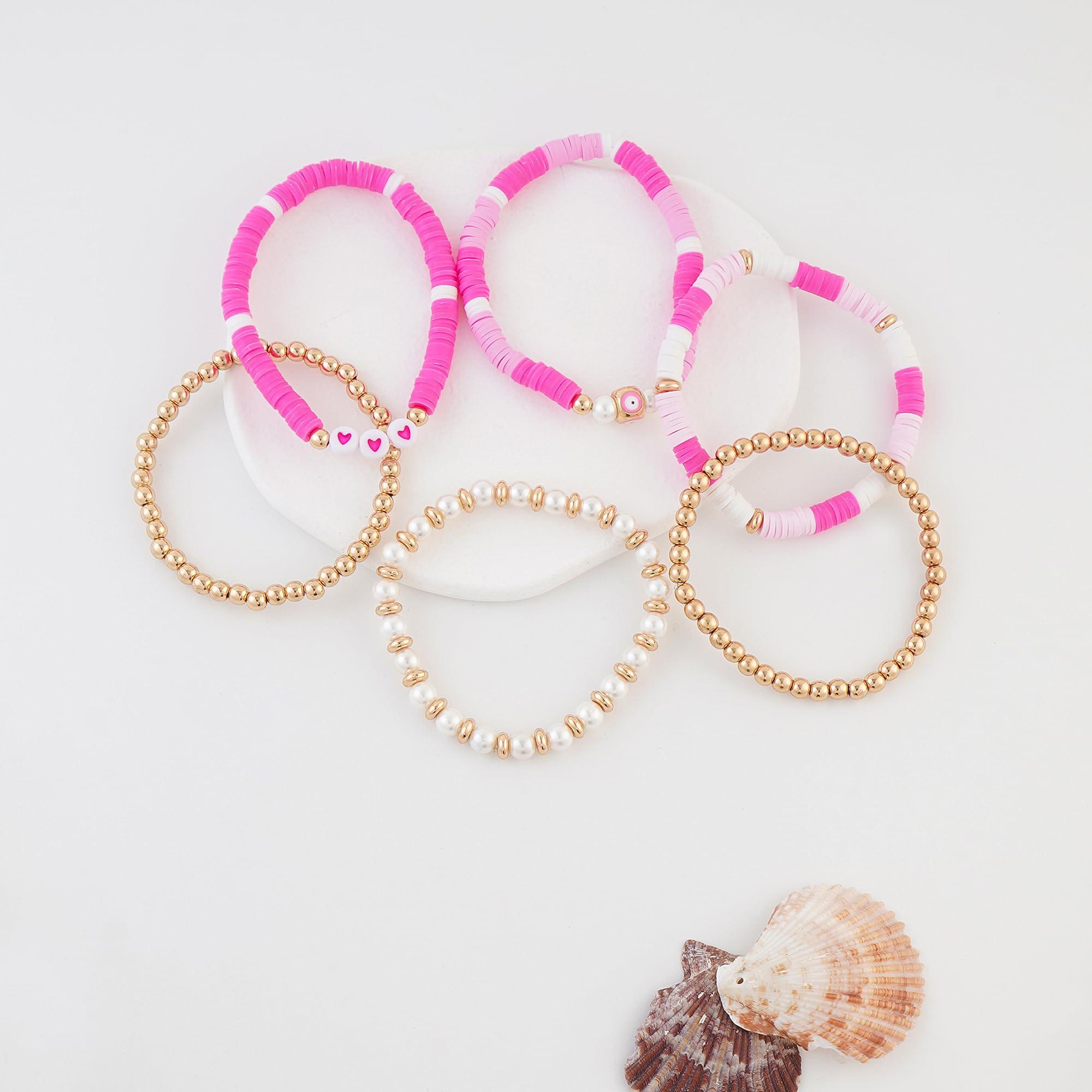 LYNMOS LYNMOS Colorful Heishi Clay Bead Bracelet Set for Women Stackable Vinyl Disc Polymer Beaded Stretch Bracelets Preppy Bohemian Summer Beach Bracelets Jewelry (H-Pink set, 6.8 Inch)