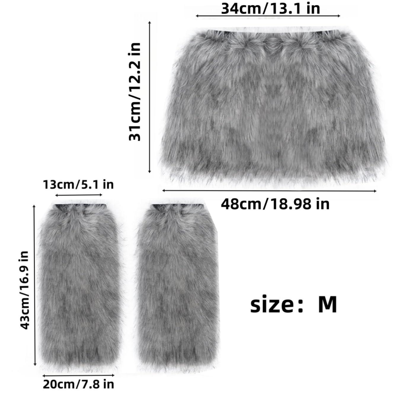 SUNKOX Furry Skirt, Fur Skirt,Faux Fur Women A Line Mini Skirt Furry Leg Warmer Boot Cuff Cover for Halloween Cosplay Costumes (US, Alpha, Large, Regular, Regular, Gray)