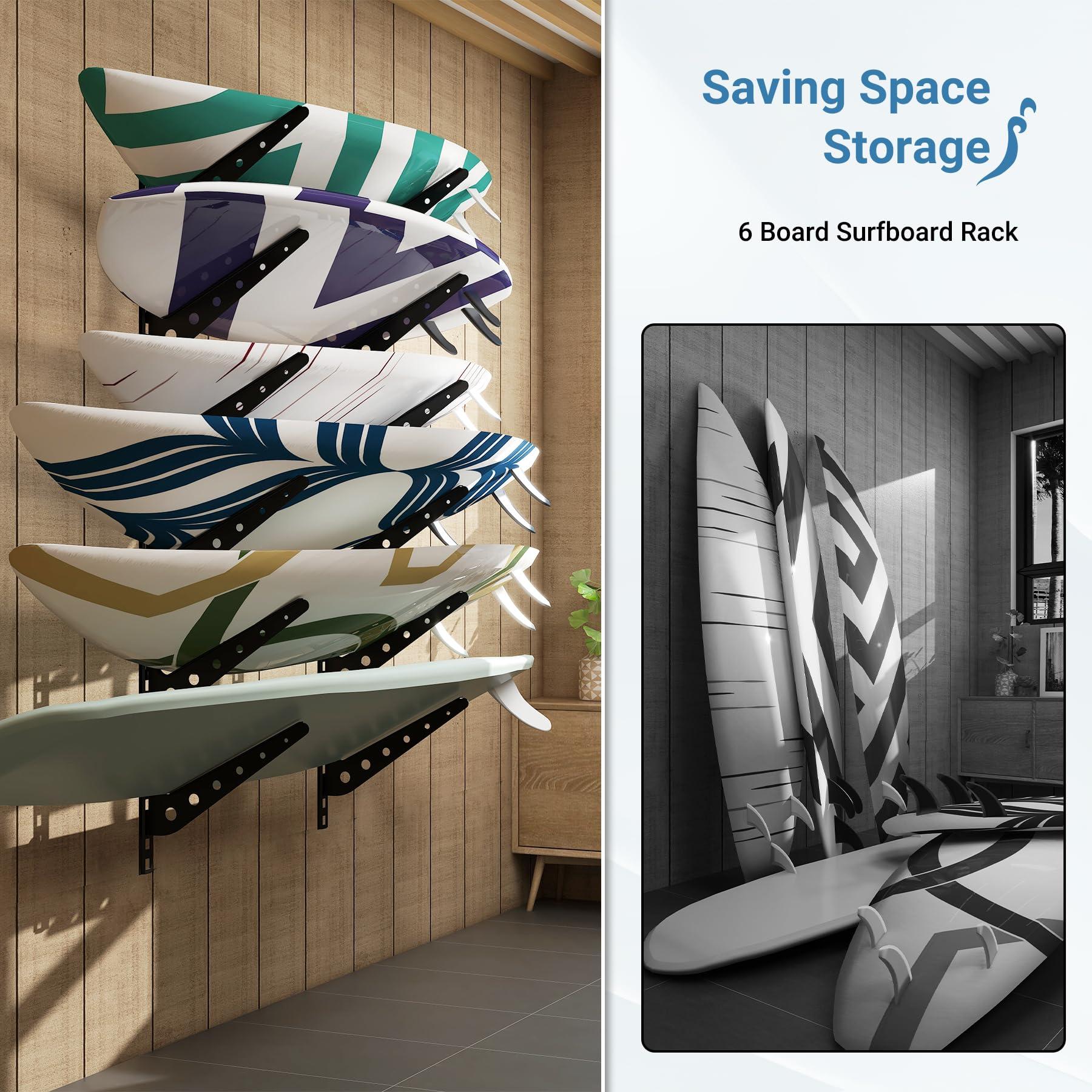 Neorexon Neorexon Adjustable Surfboard Rack, 6 Board Surfboard Wall Mount Display, Metal Surfboard Wall Hanger, Surfboard Wall Rack Horizontal for Surfboard, Wakeboard, Snowboard Storage in Home or Garage