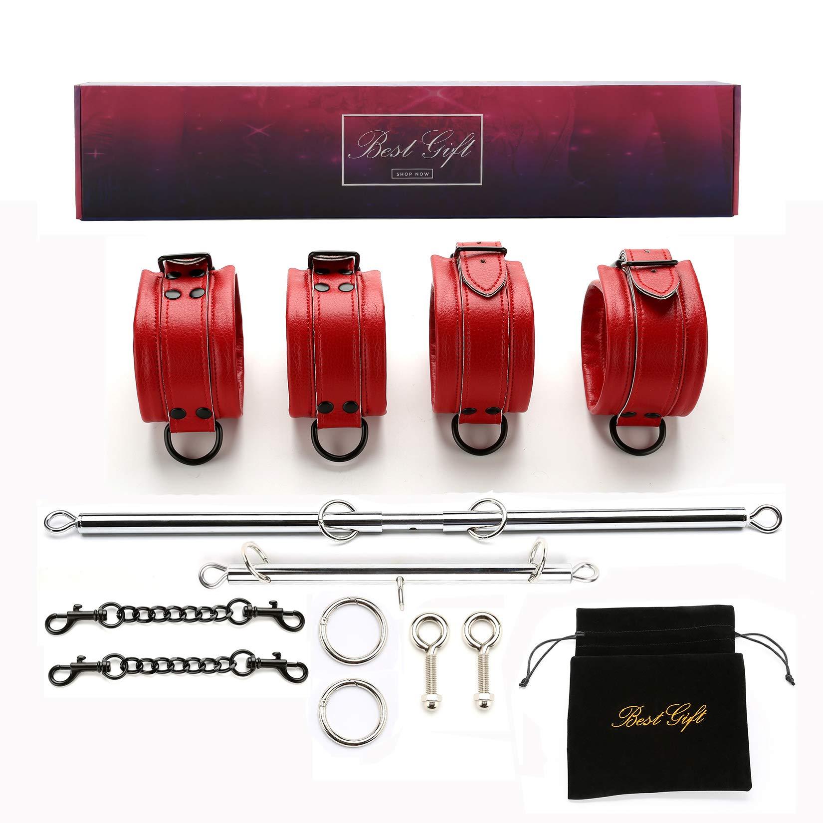 EXREIZST EXREIZST Expandable Adjustable 2 Spreader Bar with 4 Leather Straps Sports Fitness System Set Kit, Black (Silver/Red)
