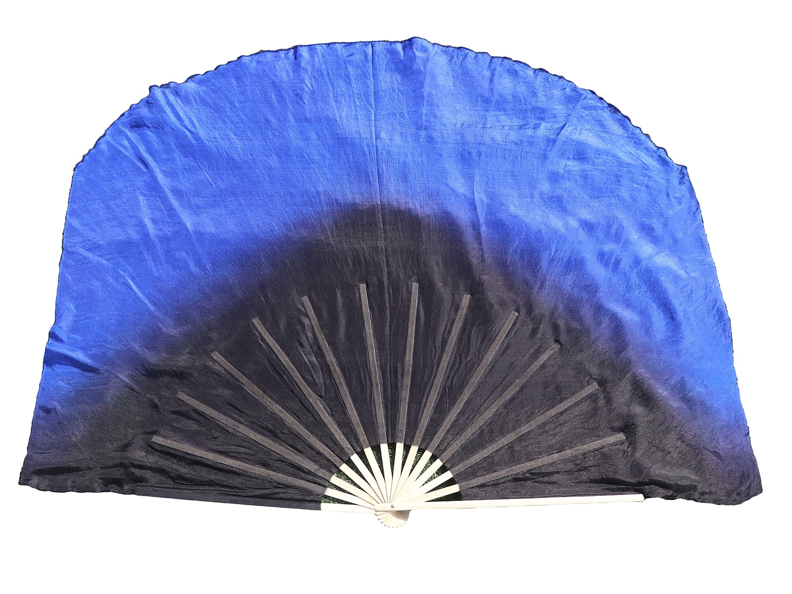 Winged Sirenny Winged Sirenny Large Single Belly Dance Silk Flutter, 45in Wide Short Silk Fan Veil Right Hand(black&blue)