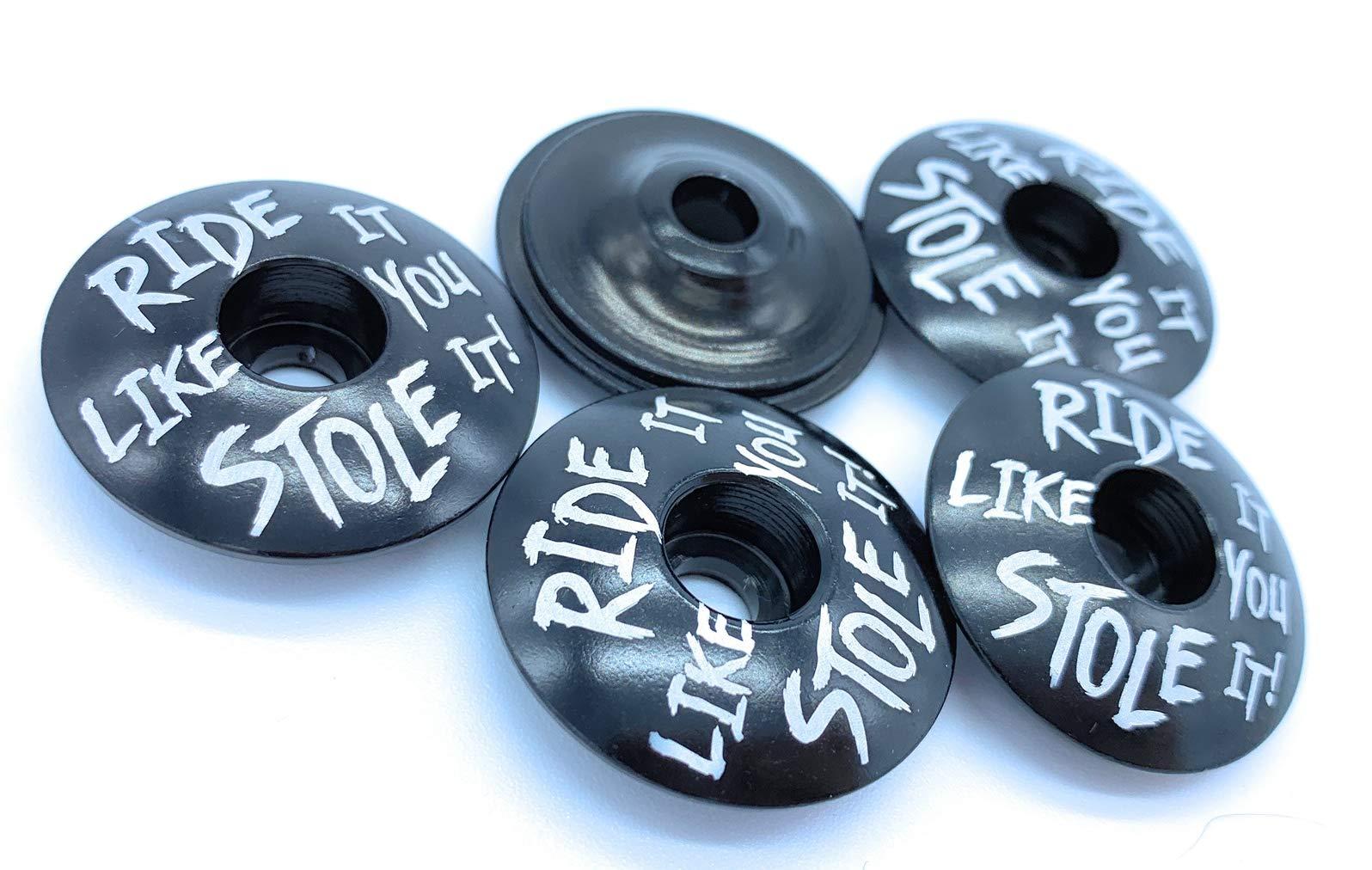 Dubbs Hardware Dubbs Hardware MTB Headset Top Cap 1-1/8" Aluminum Bike Stem Cap Custom Threadless Top Cap for Mountain Bikes, Road Bikes, Bicycle Headsets, and MTB Stem Caps - (Black Ride it Like You Stole It)