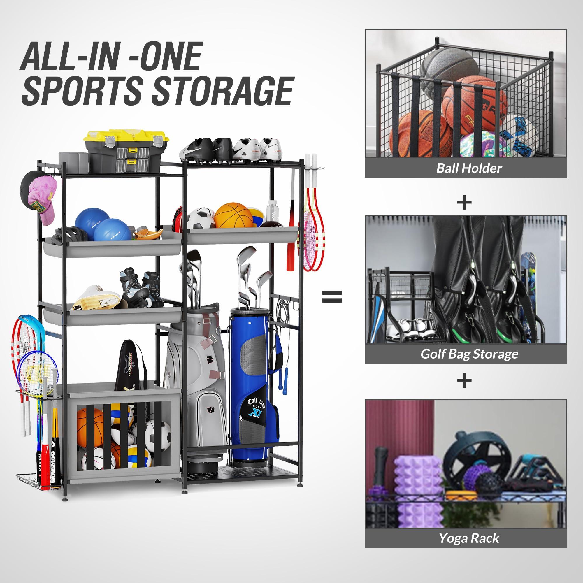 Sttoraboks Sttoraboks Garage Sports Equipment Organizer, Large Sports Storage Rack Fits 2 Golf Bags and Other Sports Equipment, Sports Ball Gear Storage Stand with Oxford Baskets and Hooks for Indoor, , Black