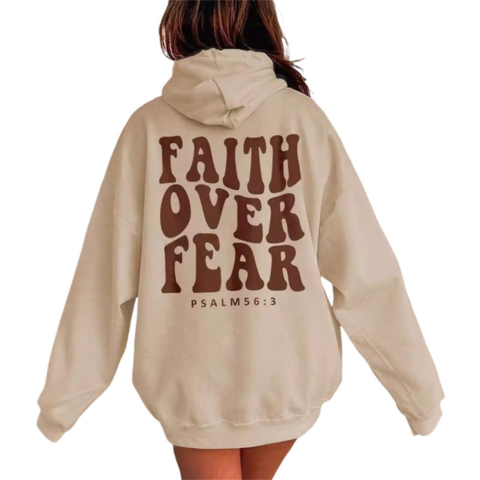 NineFit Basics FAITH OVER FEAR Hoodies Long Sleeve Pullovers Sweatshirt Tops Women's Letter Graphic Print sleeve Tosp,M Apricot