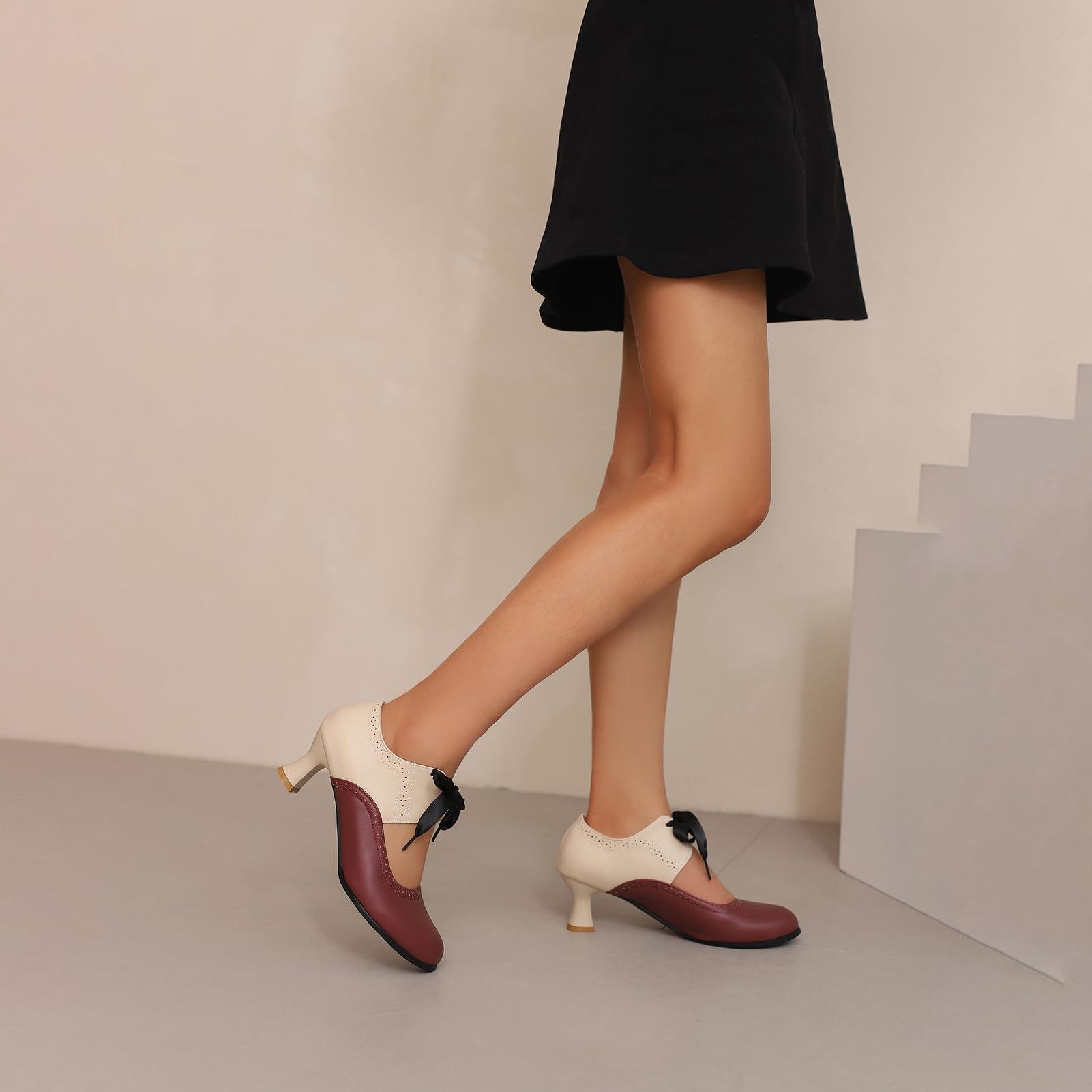 AlureAbys AlureAbys Women Vintage Mary Jane Shoes 50s Low Kitten Heels Round Toe Two Tone Lace up Wingtip Shoes Cut Out Women's Dress Pumps Red Size 36