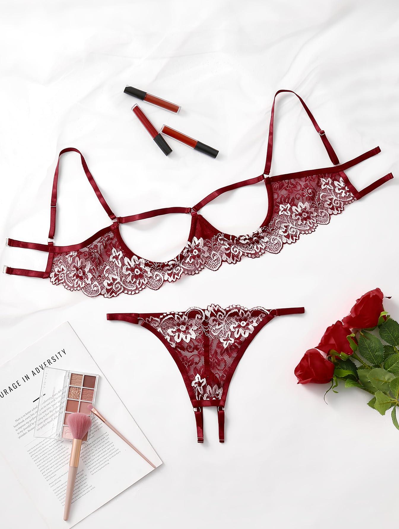 Lilosy Lilosy Petite Women's Sexy Underwire Floral Lace Sheer Bachelorette Lingerie Set See Through Bra and Panty 2 Piece Flower Burgundy Red X-Small