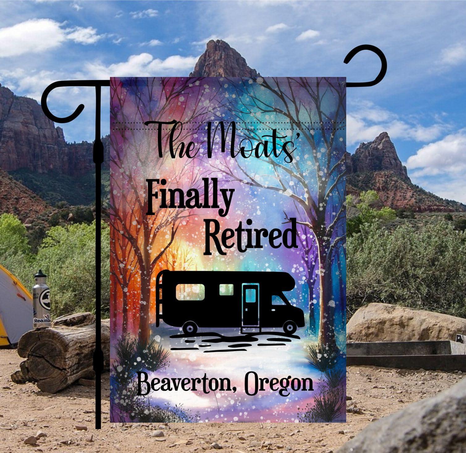 Krista Custom Creations Personalized Campsite Winter Garden Flag - Custom Colorful Camping Decoration for RV, Travel Trailer, Motorhome, Tent - Unique Falling snow Outdoor Yard Decor (Solid Class C Camper)