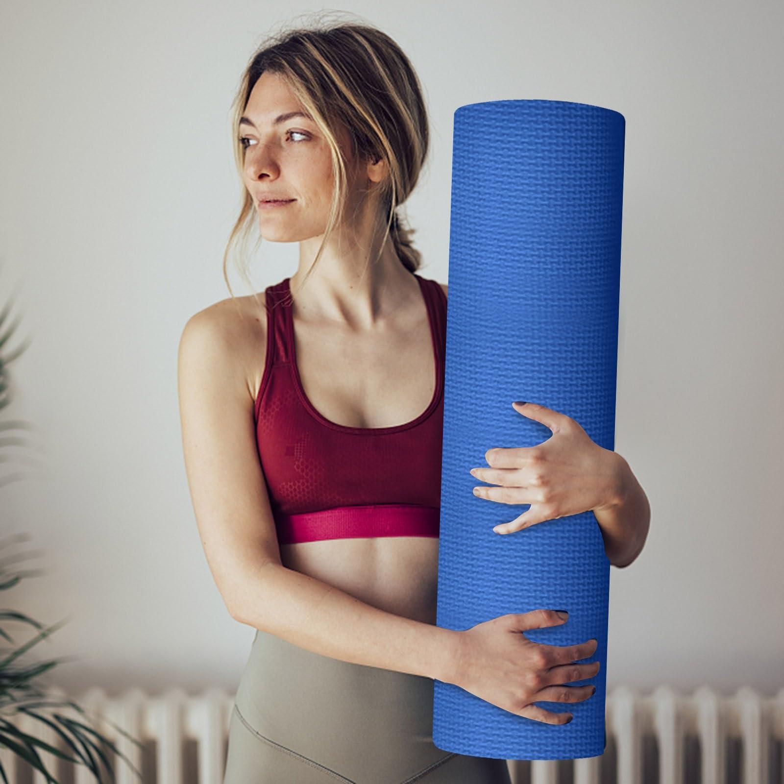 NineFit Basics NineFit Basics Pink Yoga Mat 5mm Thick Anti-Tear High Density Non Slip Exercise Mat with Carrying Strap Hot Yoga Mat for Fitness, Pilates, Stretching, Home Yoga, Gym, Floor, Workouts, 68 X 23 Inch, Blue