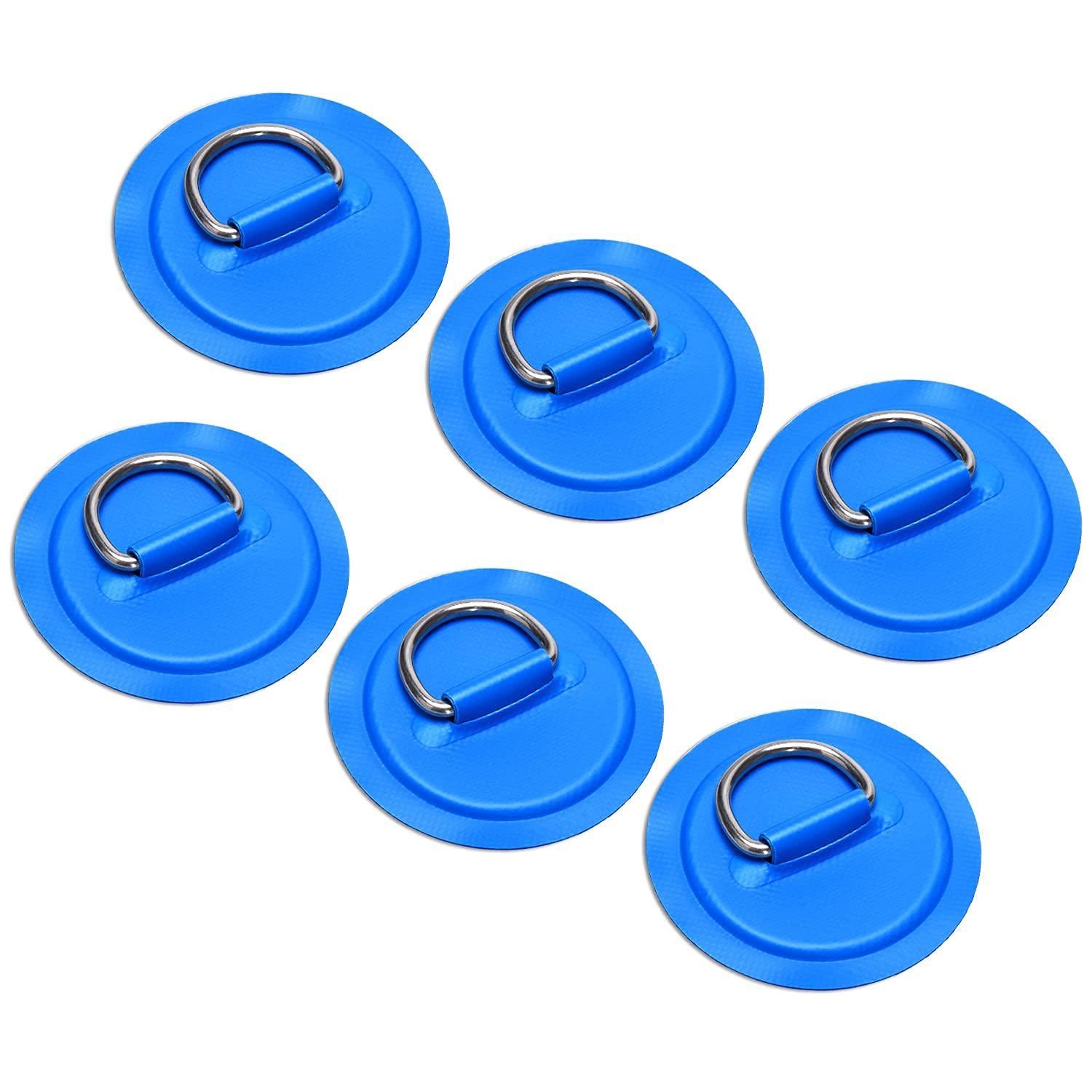 TOBWOLF TOBWOLF 6 Pack 3.15\" / 8cm Stainless Steel D-Ring Patch for Inflatable Boat Kayak Dinghy SUP, Circular D-Ring PVC Pad Stand-Up Paddleboard Canoe Rafting Accessories, NO Glue Included - Blue