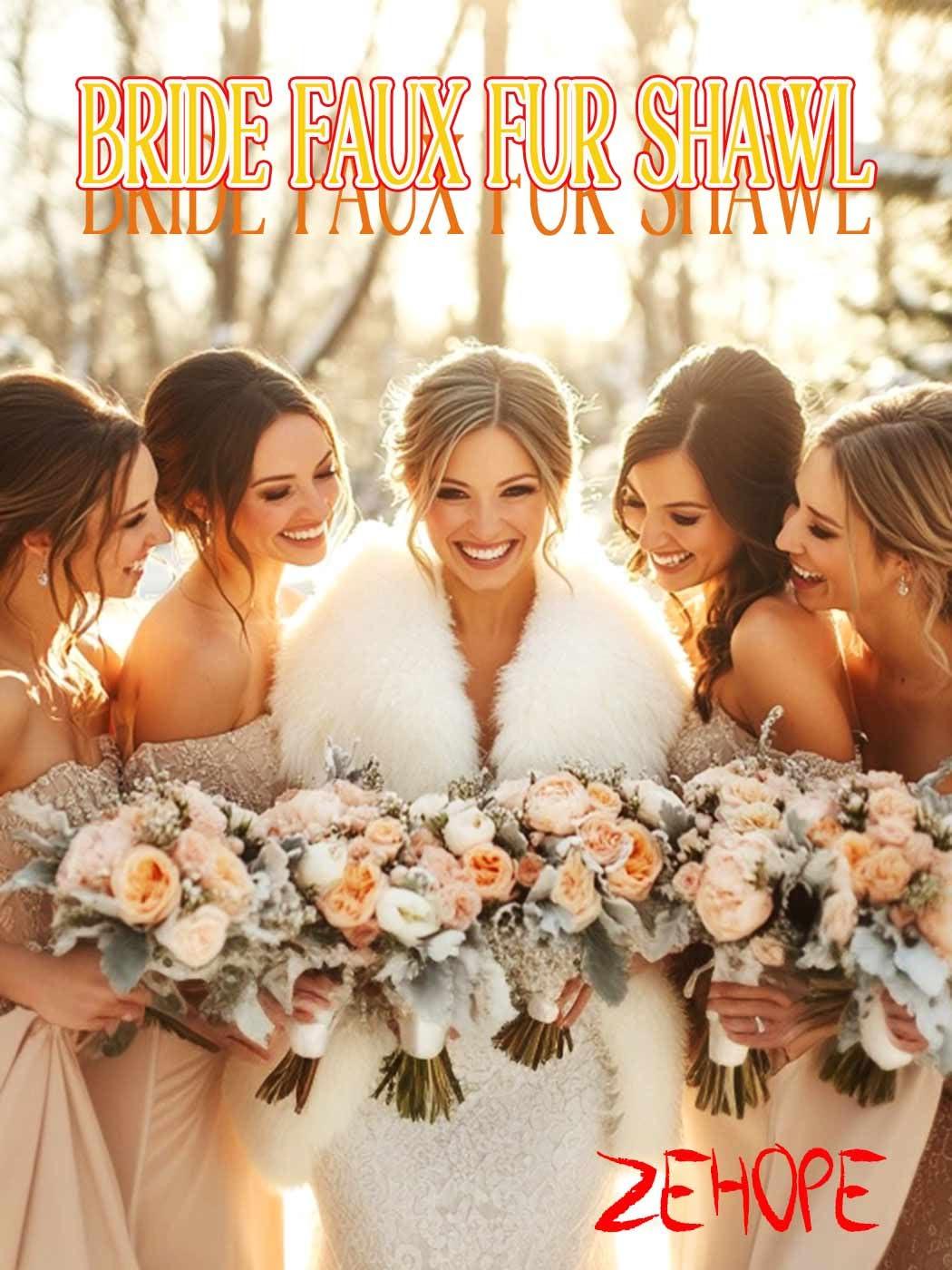 Zehope Zehope Wedding Faux Fur Shawl Wrap Winter Stole Shrug Bridal Evening Cape Scarf Cover Up for Bride and Bridesmaids (Ivory)