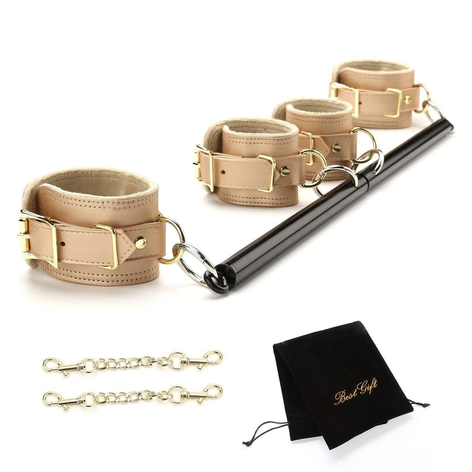 EXREIZST EXREIZST Expandable Silver Spreader Bar Set with 4 Blue Soft Fur Leather Straps Adjustable Exercise Sports Fitness Training Tool Kit