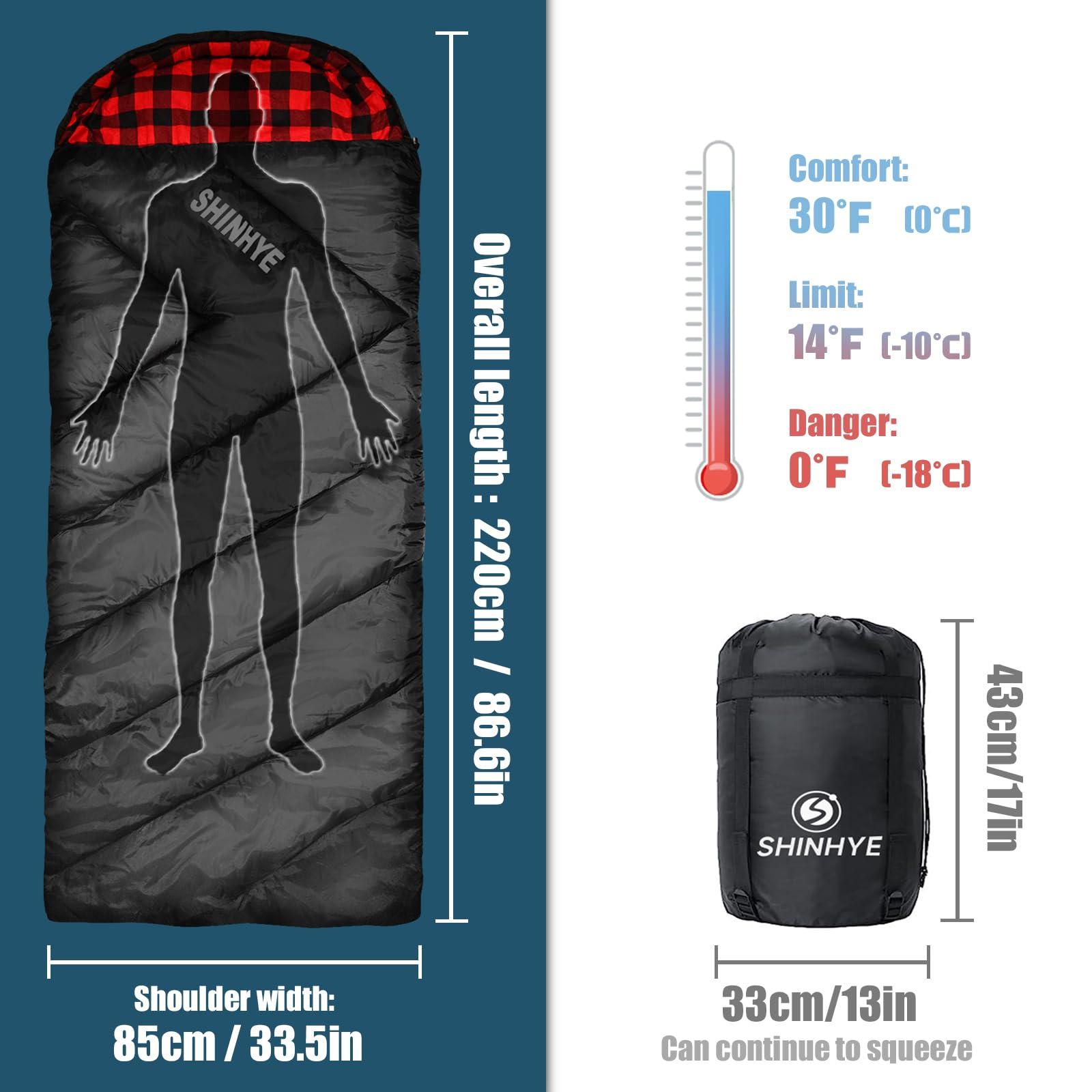 ShinHye ShinHye 0 Degree Sleeping Bag for Adults - Cotton Flannel 4 Season Cold Weather Winter, XXL Big and Tall Camping Sleeping Bag with Compression Sack (Black, 90"35" Right Zip)