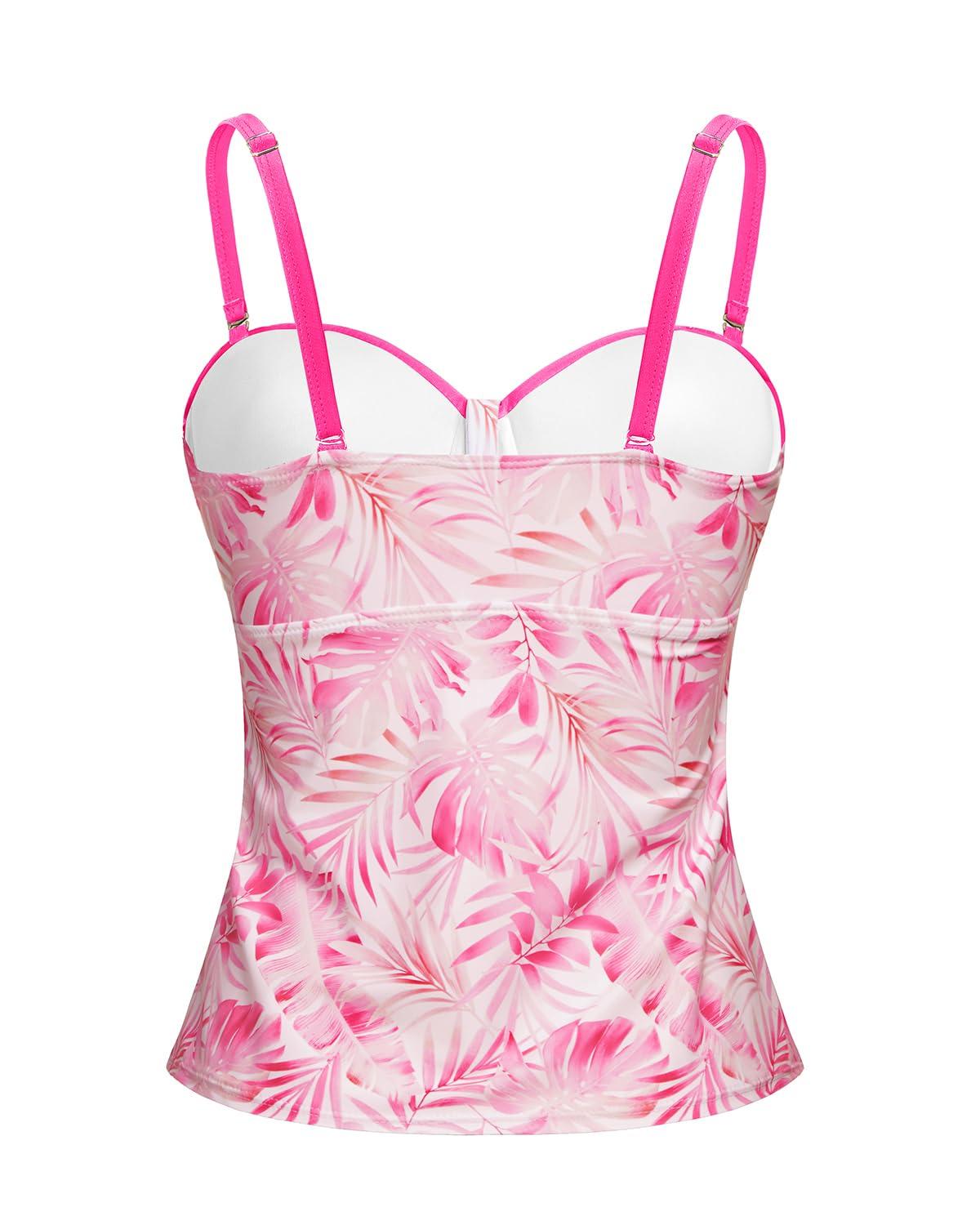 Talisea Talisea Women's Underwire Tankini Top Only Tummy Control Swimsuit Top Push Up Bathing Suit Top No Bottom Pink Leaves S