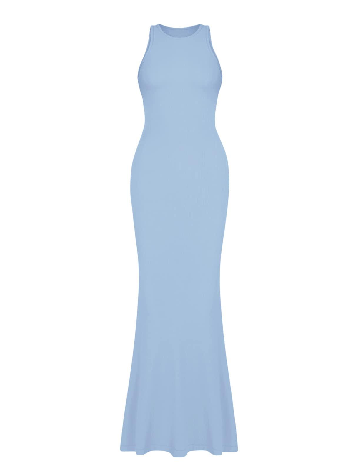 REORIA REORIA Women's Summer Sexy Casual Lounge Tank Long Dress Elegant Wedding Guest Sleeveless Halter Neck Bodycon Maxi Dresses Blue X-Small