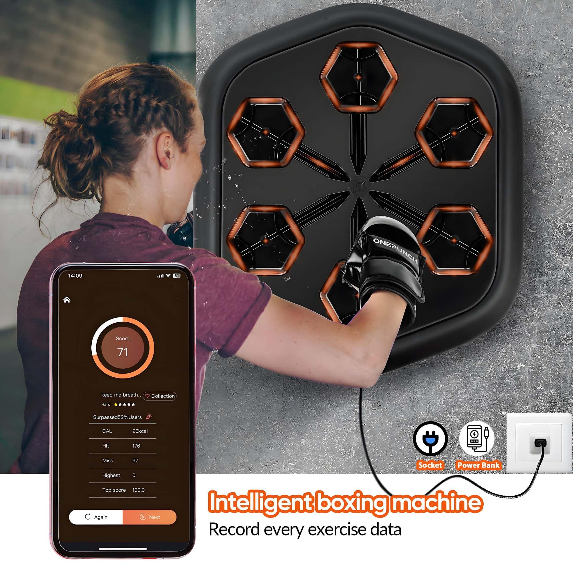 ONEPUNCH ONEPUNCH Music Boxing Machine for Adults, Electronic Boxing Equipment Pads with Bigger Panel & Boxing Gloves, Boxing Music Workout Machine for Release Stress, Velcro Installation, Height Adjustable