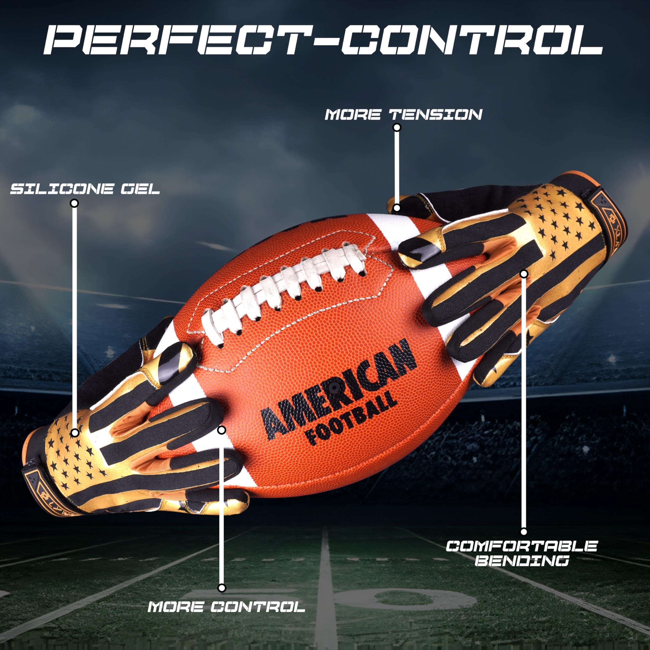 LYRX LYRX Professional Football Receiver Gloves with Optimal Silicone Palm Non-Slip Grip Control Ultra-Stick Sports Lightweight Glove and Precision Fit (Black-Gold Flag, Adult XL (7.8"))