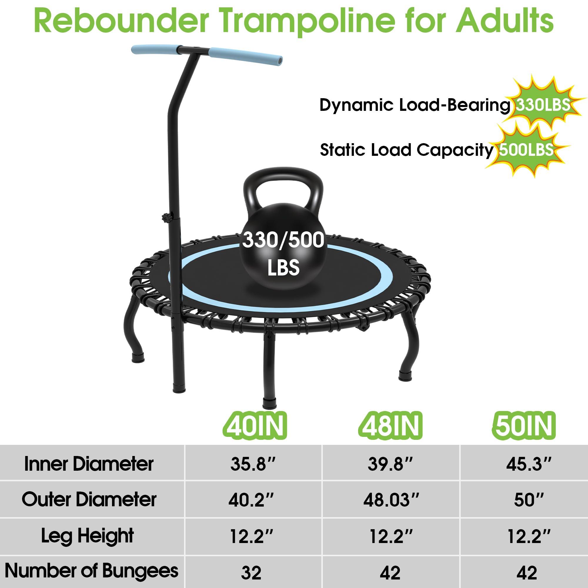 Jump Into Fun Jump Into Fun 40" Rebounder Mini Tranpoline Indoor for Adults, 330LBS Foldable Fitness Tranpoline Adults with Adjustable T-Bar Handle, Slient Exercise Rebounder for Indoor/Garden Workout, Blue