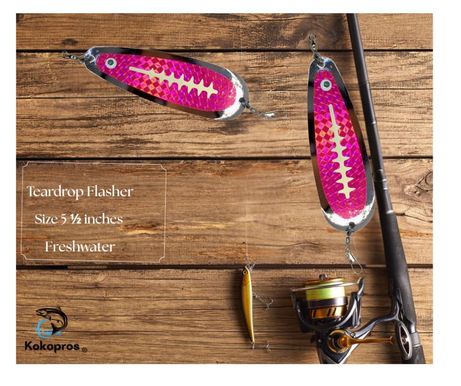 KOKOPROS KOKOPROS Kokanee Finished Salmon Hyper Glow Teardrop Fishing Flasher 5-1/2" - Chrome Pink Skeleton Design for Salmon Fishing