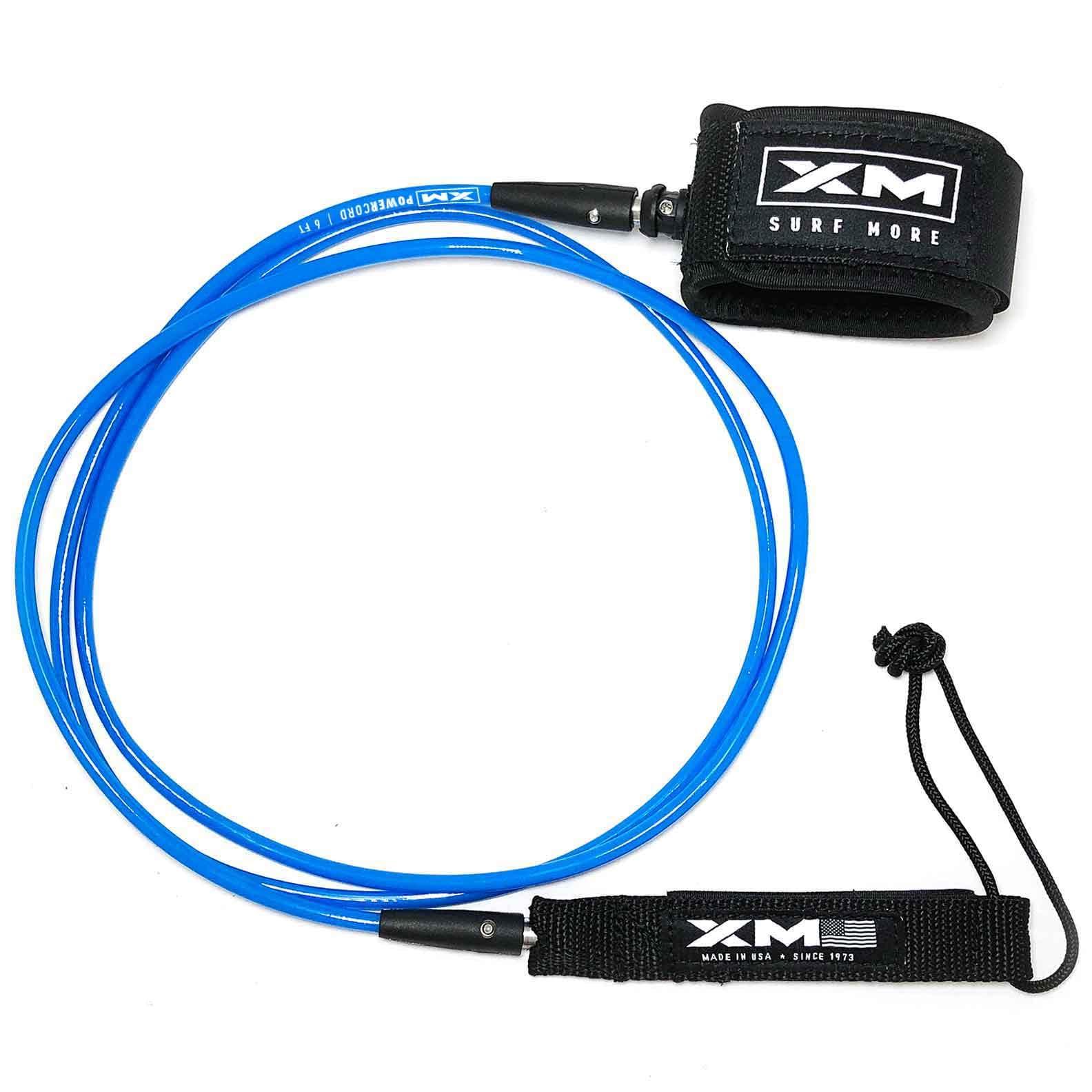 XM SURF MORE XM SURF MORE Premium Surfboard Leash, 6ft, Made in USA, Comp Cord Thickness (0.220in), Key Pocket, Unbreakable Swivels, Detachable Railsaver, Blue Leash, Black Strap, Kink-Free [3 Year Warranty]