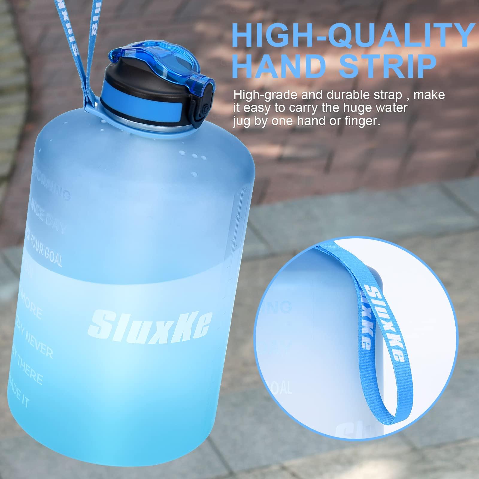 SLUXKE SLUXKE Gallon Water Bottle with Time Marker BPA Free, 128oz Huge Sports Water Bottle with Handle and Straw Leak Proof, One Click Open Big Water Jug Blue Blue