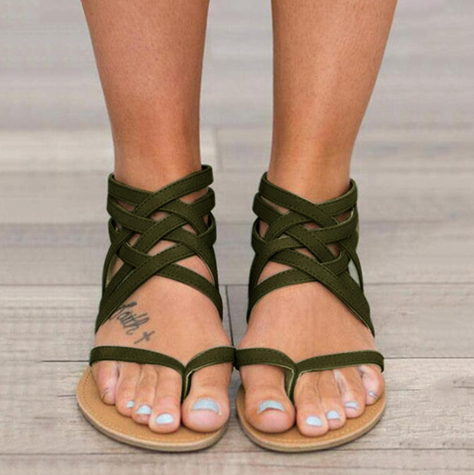 Hbeylia Hbeylia Criss Cross Flat Sandals Flip Flops for Women Casual Summer Gladiator Crisscross Strappy Flat Sandals with Back Zipper for Beach Outdoor