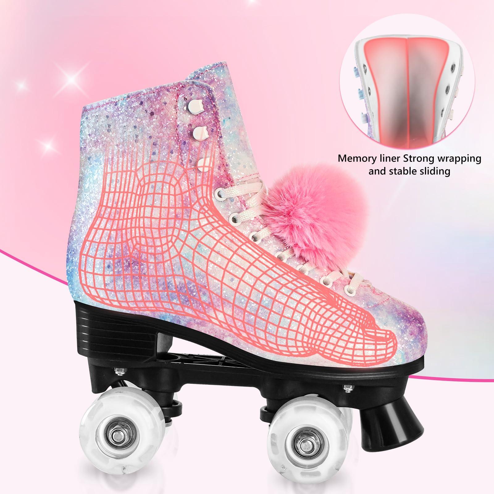 LEVYTEMP LEVYTEMP Roller Skates for Women, Men Light-Up Wheels Double-Row Rollerskates High-Top PU Leather Classic Designs Glitter Skate Shoes for Girls Beginners with a Shoes Bag Size 5 Indoor Outdoor