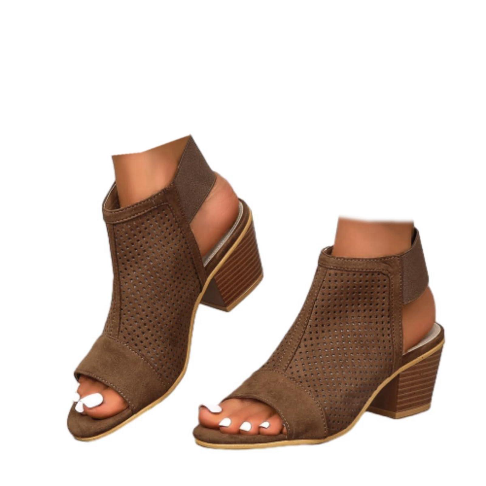 NineFit Basics Women Peep Toe Booties Open Toe Boots Cutout Ankle Strap Mid Black Chunky Heel Block Sandals