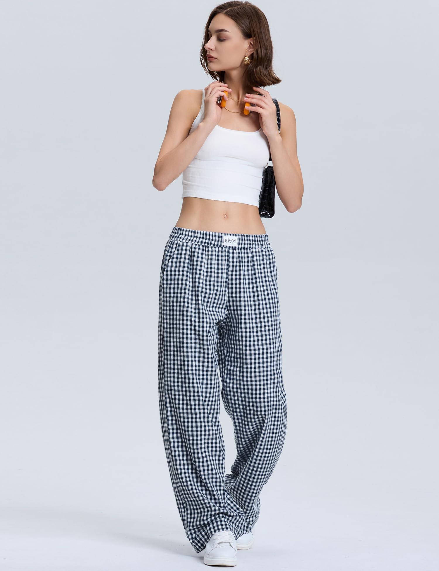 LOMON LOMON Women's Gingham Plaid Wide Leg Pants Cotton Boxers Pajama Lounge Pj Casual Trousers Y2K Flowy Bottoms with Pockets (Navy Blue Plaid, XXL)