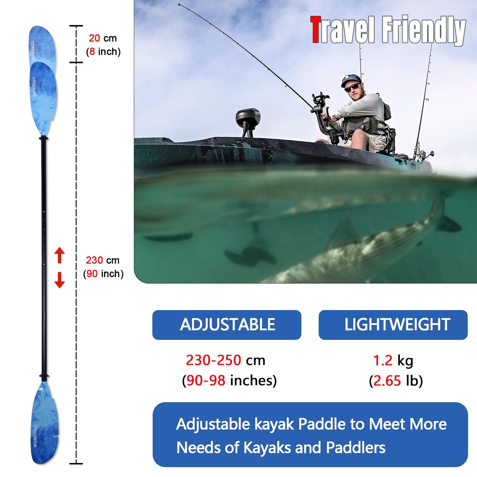 WONITAGO WONITAGO Angler Kayak Paddles Aluminum Paddle with Plastic Blades and Paddle Leash, Floating Adjustable Fihsing Kayak Oars, 3 Piece, 230-250cm/90-98 inch Blue