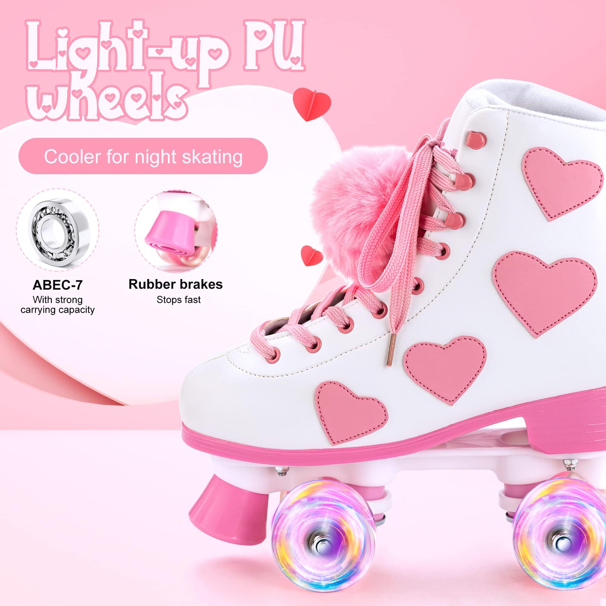 Ruthfot Ruthfot Women\'s and Girl\'s Classic Roller Skates with Light up Wheels and Love Heart Pattern, High-top PU Leather Rollerskates