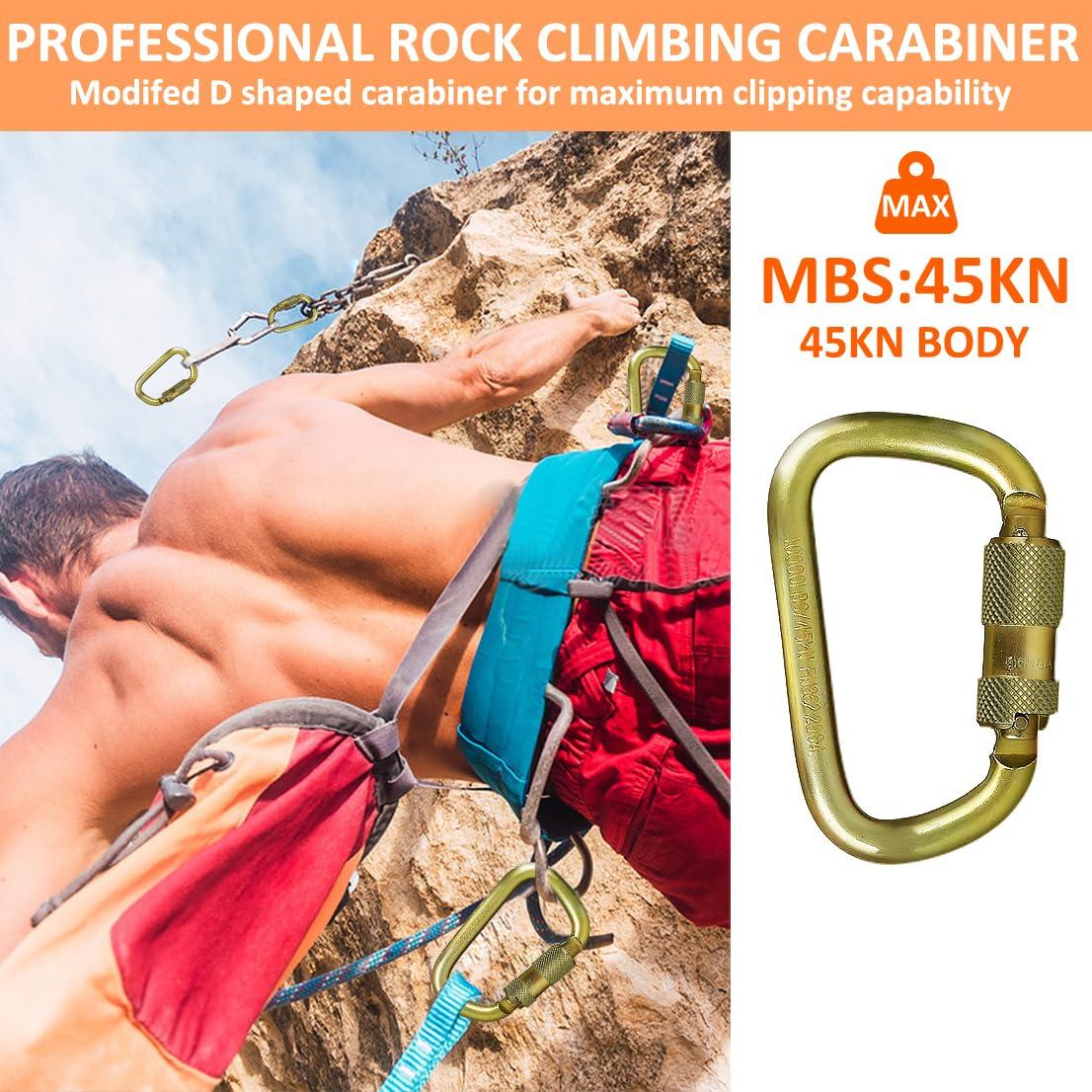 DEKABR DEKABR Heavy Duty Alloy Steel Auto-Locking Climbing Carabiner - 45KN Twist Lock Carabiner for Rock and Tree Climbing, Quick Release, Rescue, and Mountaineering. ANAB Certified, Large, Gold (1)