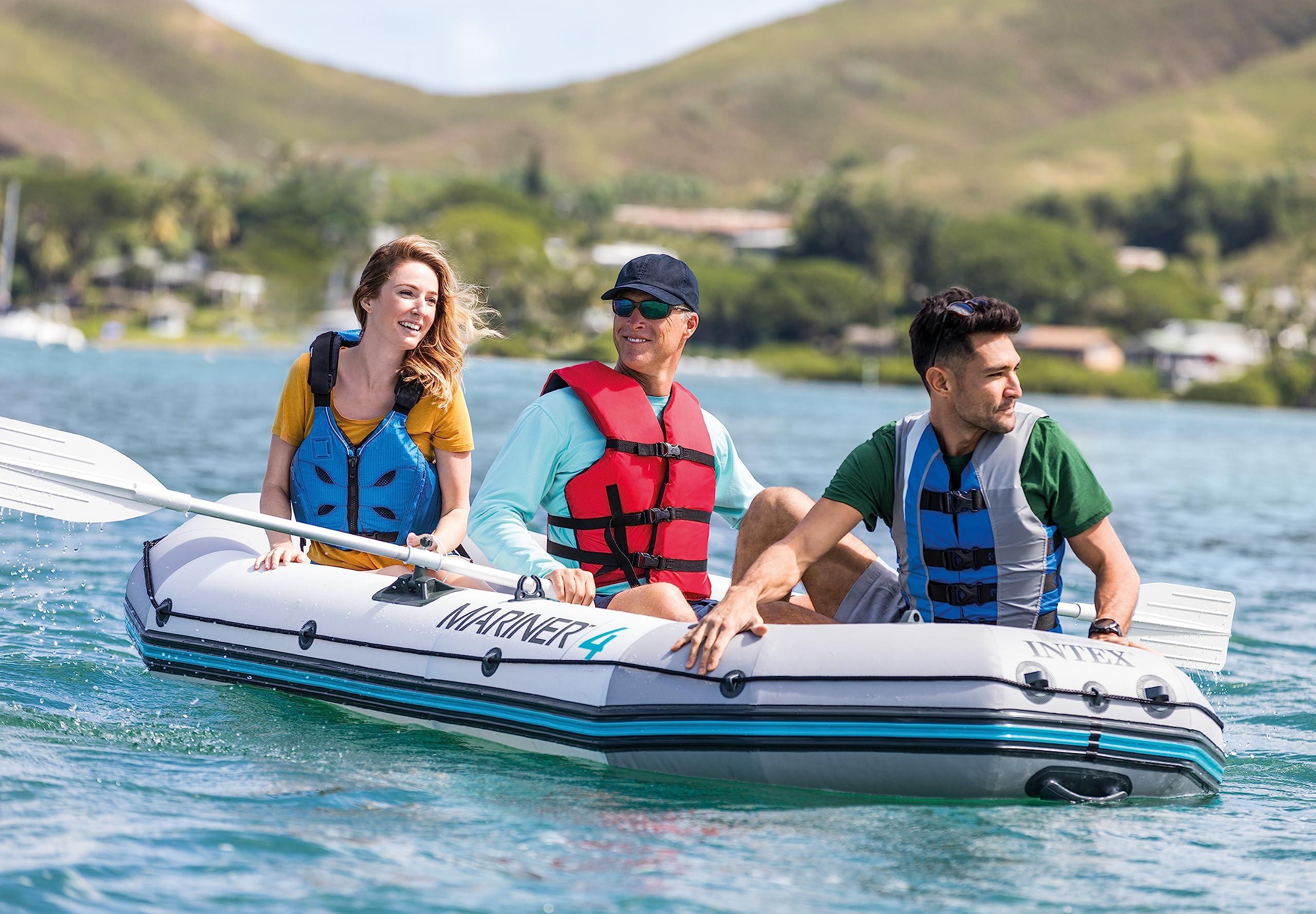 Intex INTEX 68373EP Mariner 3 Inflatable Boat Set: Includes Deluxe 54in Boat Oars and High-Output Pump Wear-Resistant Keel Removable Fishing Rod Holders 3-Person 880lb Weight Capacity
