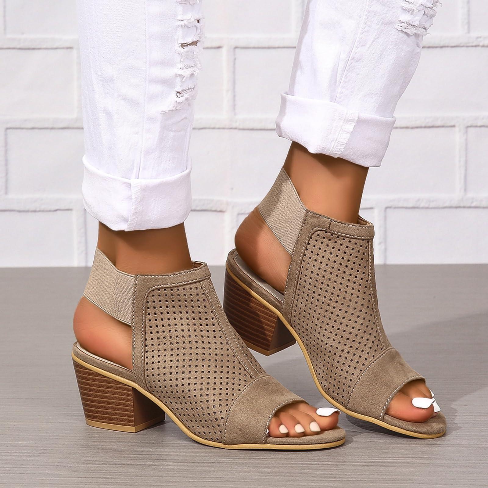 NineFit Basics Women Peep Toe Booties Open Toe Boots Cutout Ankle Strap Mid Black Chunky Heel Block Sandals