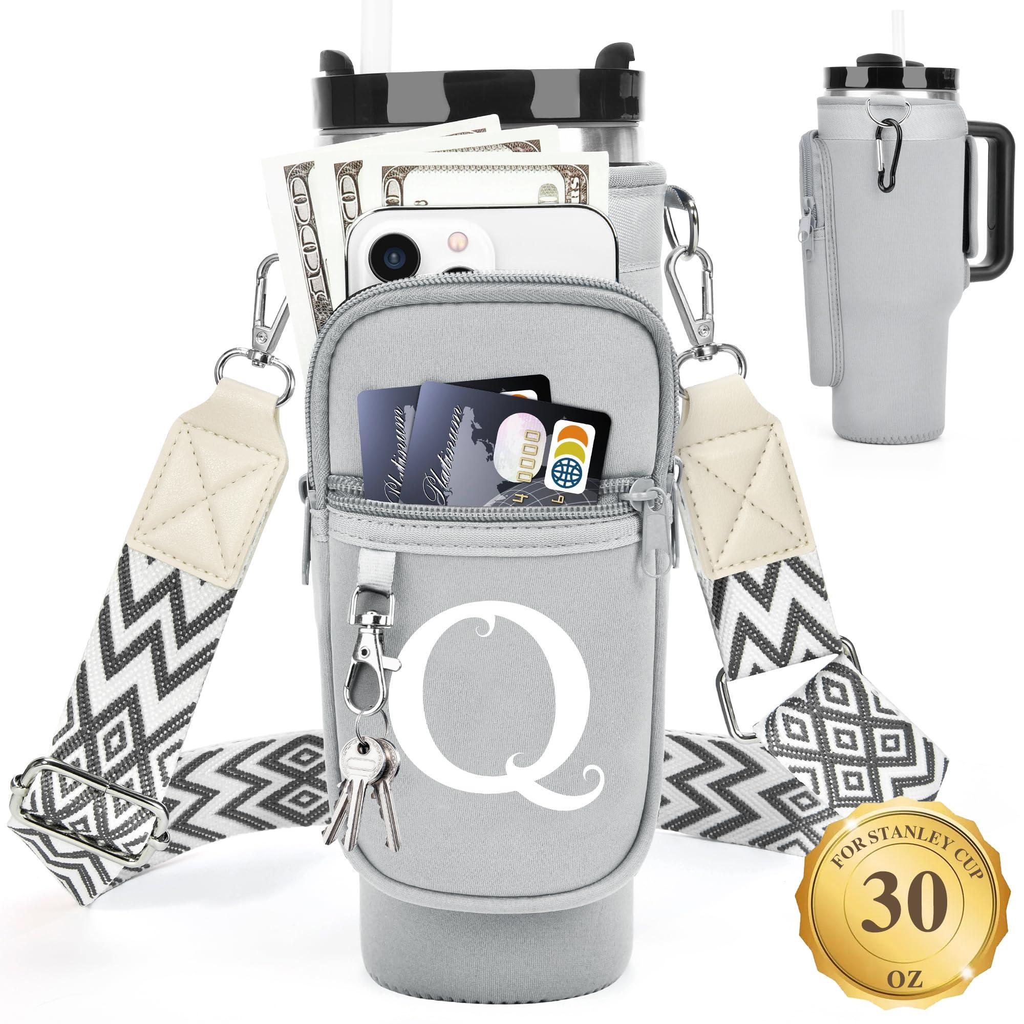 LOKASS LOKASS Water Bottle Holder with Strap for Stanley Cup 30 oz Tumbler with Handle, Personalized Initial Gift, Water Bottle Carrier Bag with Phone Pocket & Carabiner for Stanley Cup Accessories