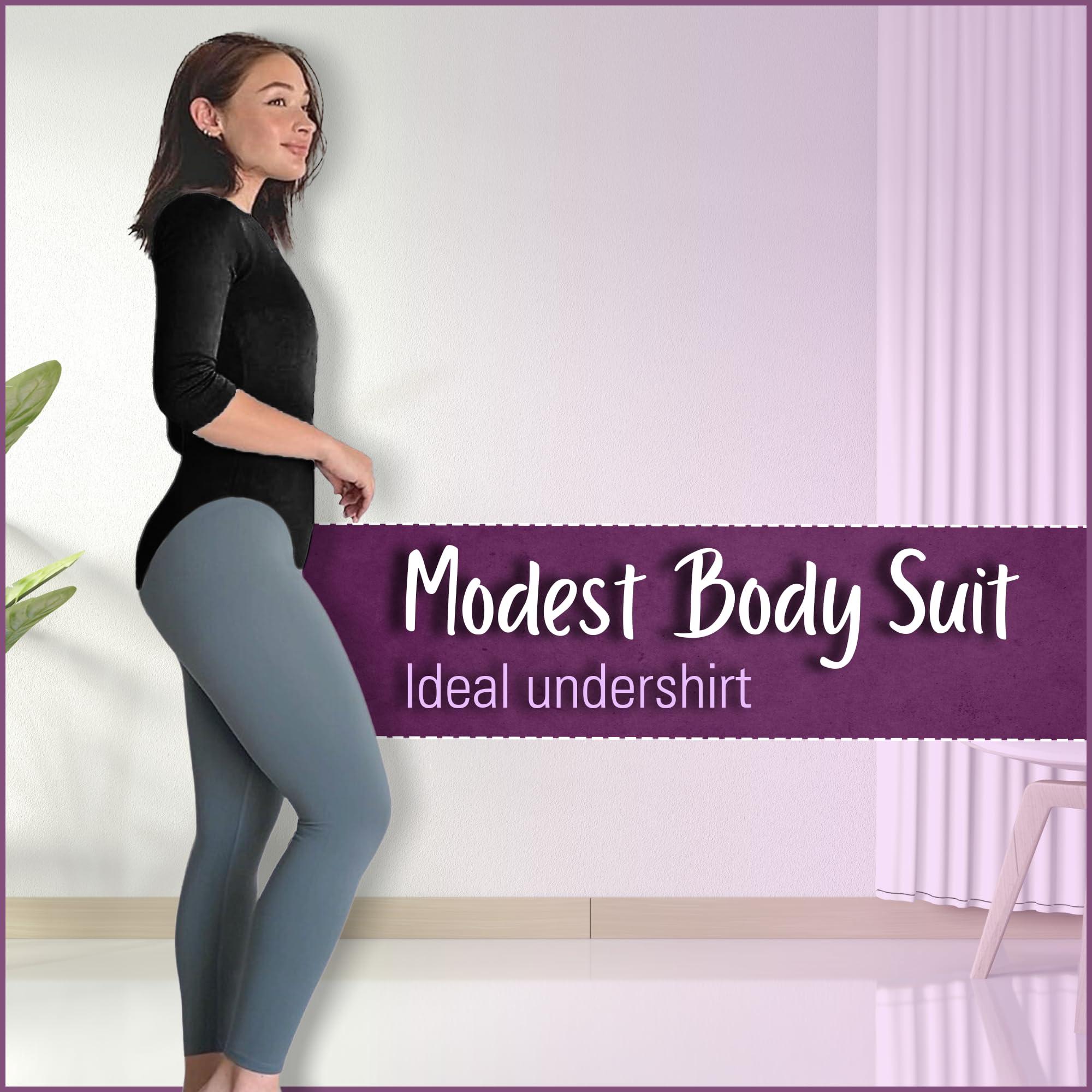 Kosher Casual Quarter Sleeve Bodysuit for Women with High Neckline Layering Top Kosher Casua Extra Small Black